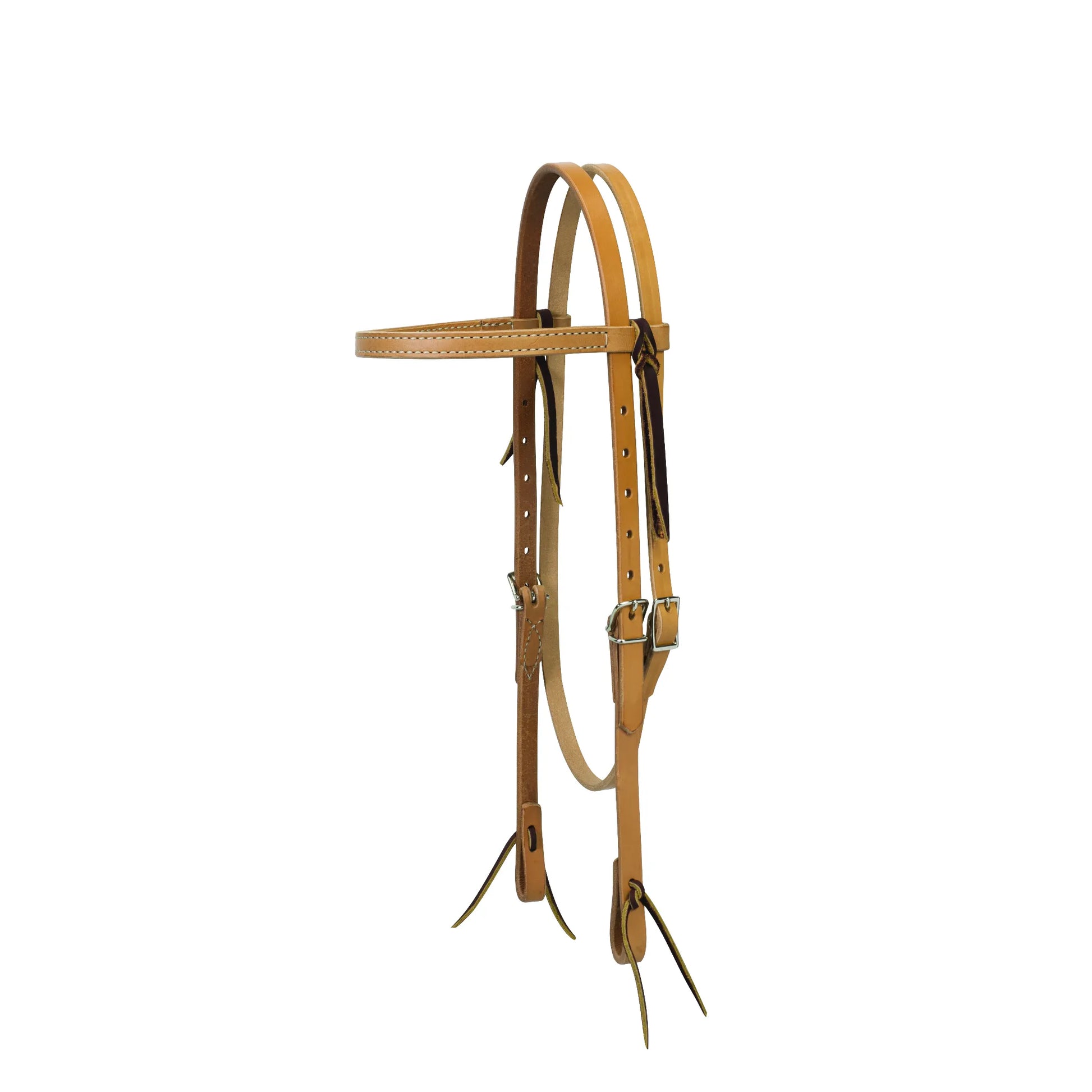 Weaver Leather Turquoise Cross Light Oil Headstall. A classic western browband headstall crafted from premium light oil leather with elegant white stitching. Features adjustable cheekpieces with durable stainless steel buckles and leather tie-bit ends. This high-quality equestrian essential offers a timeless look for trail riding or daily training.