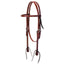 Weaver Leather Turquoise Cross browband headstall in a rich medium oil finish. This 5/8" wide leather western headstall features classic white contrast stitching and durable stainless steel buckles for easy adjustment. Designed with traditional tie bit ends and an integrated throatlatch, it’s a high-quality, functional piece of western horse tack perfect for trail riding, ranch work, or daily training. Essential equestrian gear for a classic look.