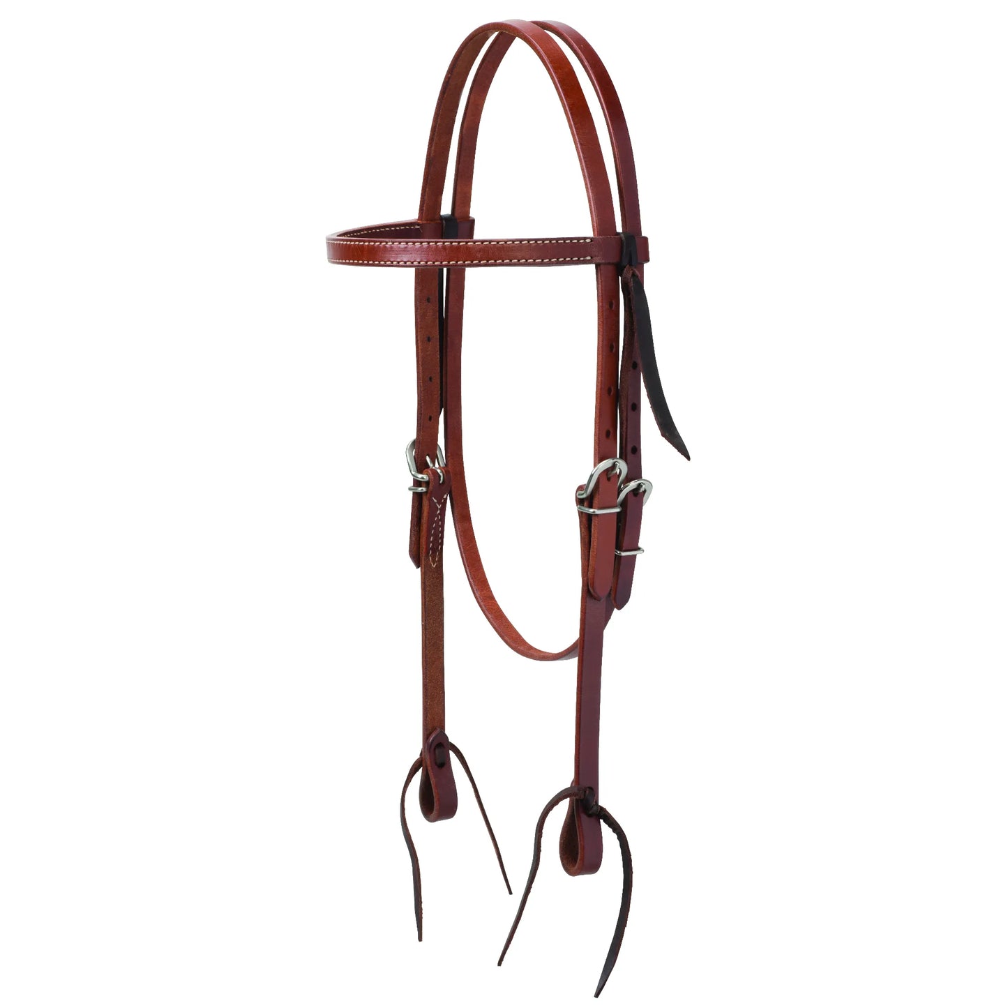 Weaver Leather Turquoise Cross browband headstall in a rich medium oil finish. This 5/8" wide leather western headstall features classic white contrast stitching and durable stainless steel buckles for easy adjustment. Designed with traditional tie bit ends and an integrated throatlatch, it’s a high-quality, functional piece of western horse tack perfect for trail riding, ranch work, or daily training. Essential equestrian gear for a classic look.