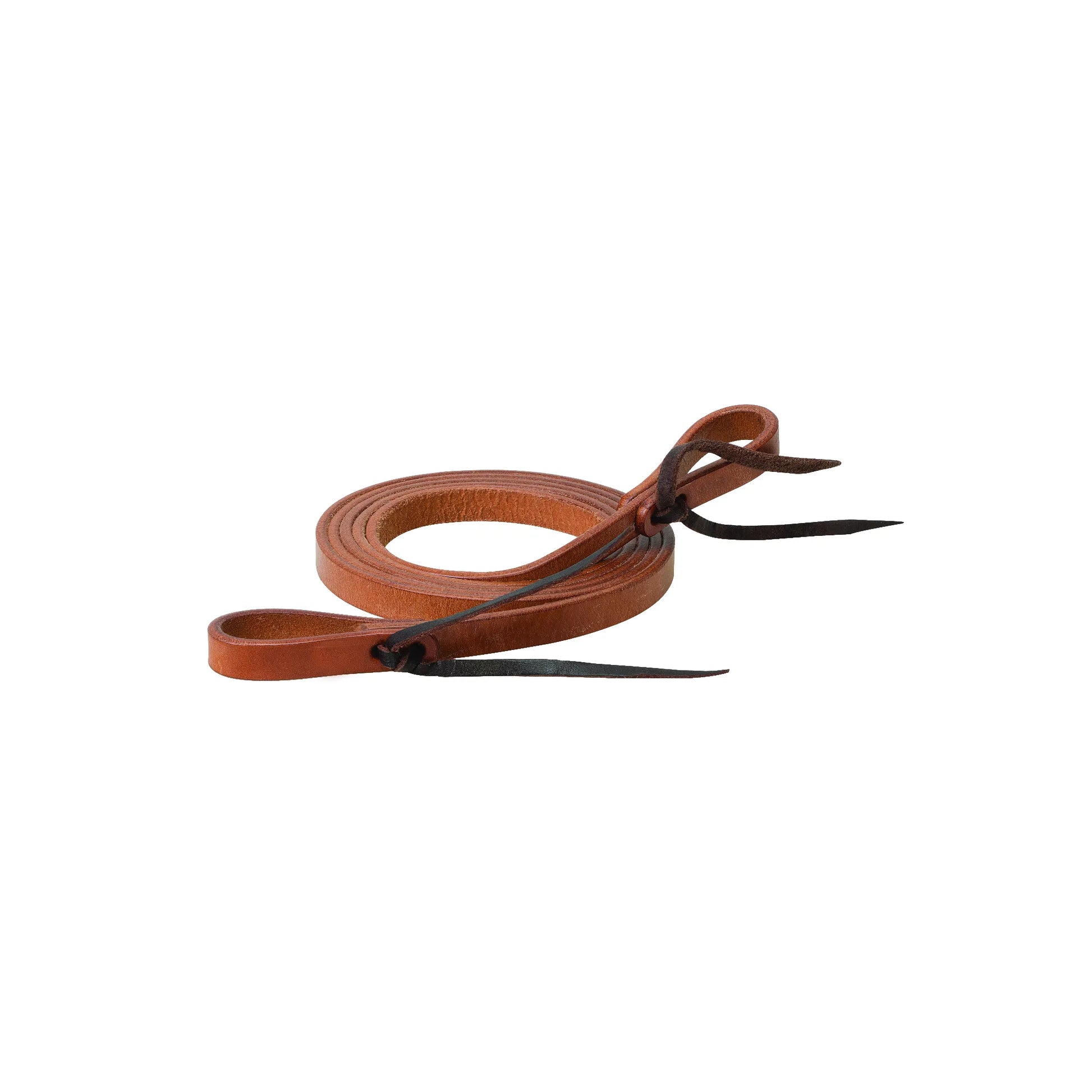 Weaver Leather Turquoise Cross Roper Rein in sunset tan, featuring a single-piece design measuring 5/8 inches wide and 7 feet long. Crafted from high-quality leather with a smooth finish, this durable western rein includes loop ends with dark brown latigo bit ties for secure attachment. Ideal for roping, training, and trail riding, these professional-grade horse reins offer a classic look and reliable performance for any equestrian's tack collection.
