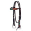 Weaver Leather Turquoise Diamond Beaded Horse Headstall in rich Dark Oil. This Western browband headstall features vibrant turquoise, black, and white beaded diamond patterns on the browband and cheekpieces. Accented with hand-tooled floral leather, white contrast stitching, and adjustable silver buckles. Perfect for barrel racing, horse shows, or trail riding, this premium horse tack offers a stylish, professional look for any rider.