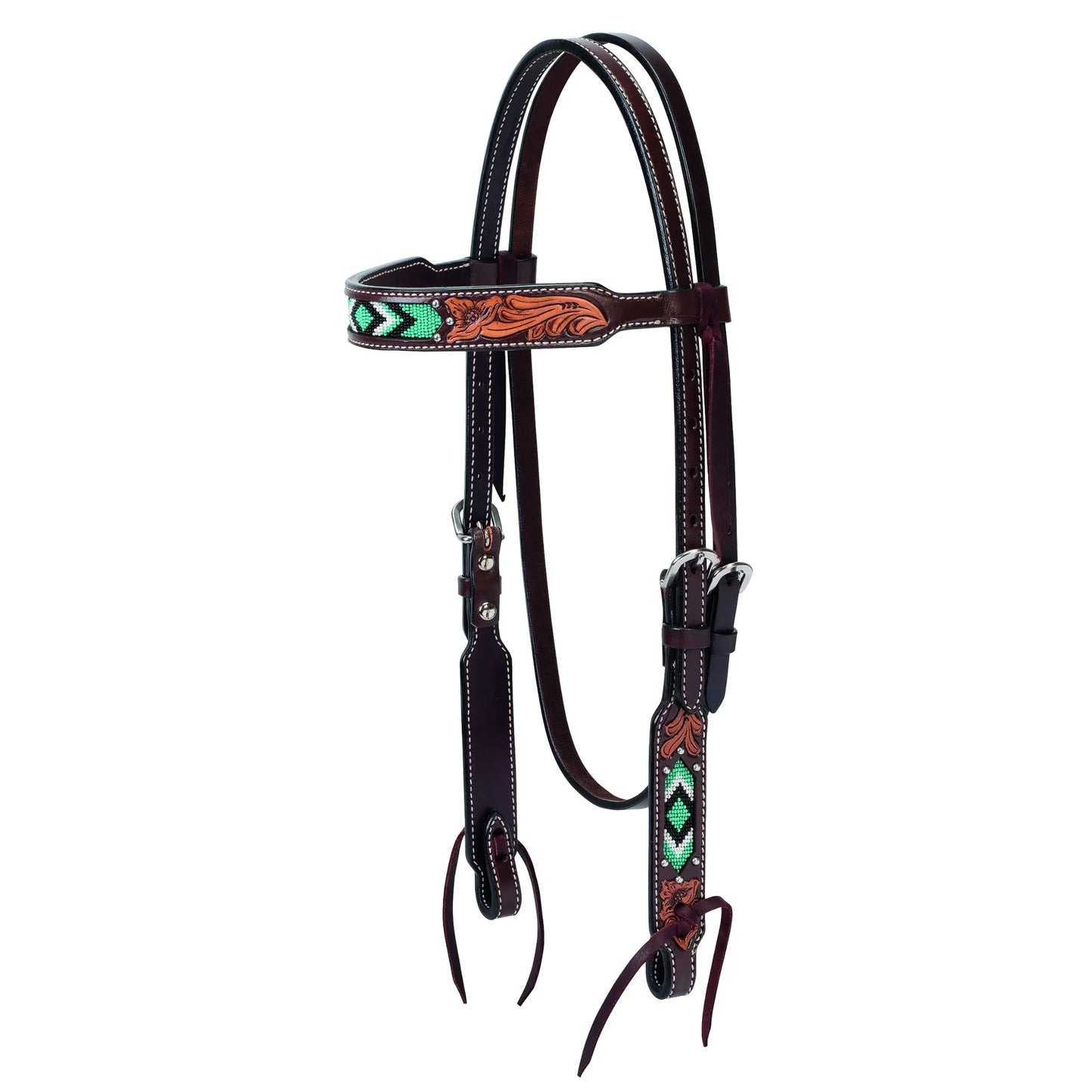 Weaver Leather Turquoise Diamond Beaded Horse Headstall in rich Dark Oil. This Western browband headstall features vibrant turquoise, black, and white beaded diamond patterns on the browband and cheekpieces. Accented with hand-tooled floral leather, white contrast stitching, and adjustable silver buckles. Perfect for barrel racing, horse shows, or trail riding, this premium horse tack offers a stylish, professional look for any rider.