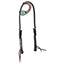 Weaver Leather Dark Oil Turquoise Diamond Beaded Horse Headstall. This western single ear headstall features vibrant turquoise, white, and black diamond beadwork and intricate floral leather tooling. Made from premium dark oil leather with contrasting white stitching and silver hardware, it offers a stunning look for any horse. Ideal for western performance or trail riding, this high-quality leather tack adds a stylish pop of color to your horse riding equipment.