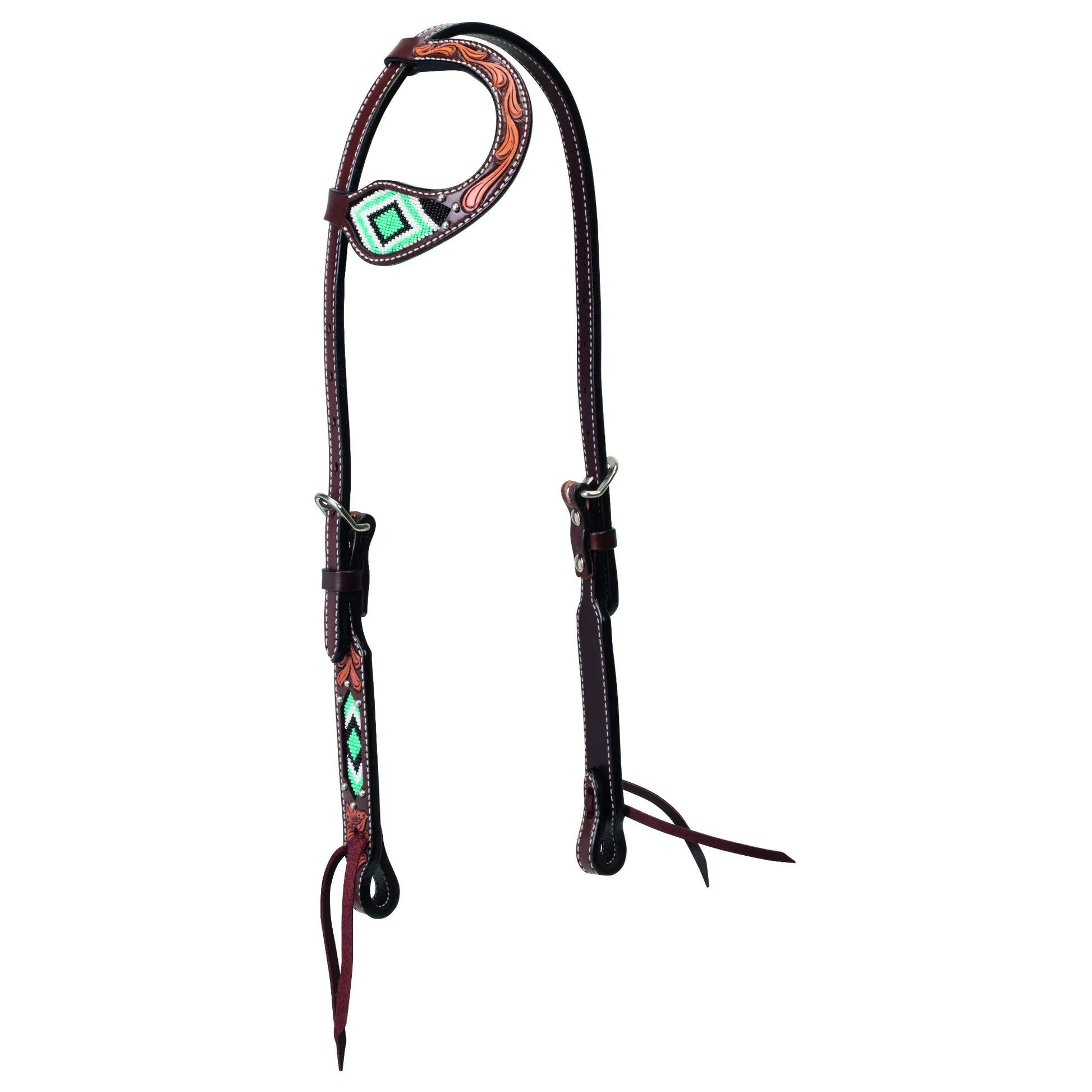 Weaver Leather Dark Oil Turquoise Diamond Beaded Horse Headstall. This western single ear headstall features vibrant turquoise, white, and black diamond beadwork and intricate floral leather tooling. Made from premium dark oil leather with contrasting white stitching and silver hardware, it offers a stunning look for any horse. Ideal for western performance or trail riding, this high-quality leather tack adds a stylish pop of color to your horse riding equipment.