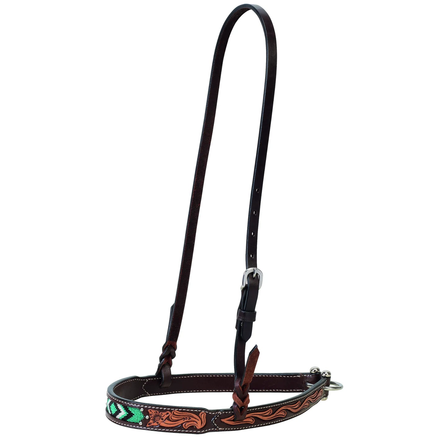 Weaver Leather Turquoise Diamond Beaded Horse Headstall in a rich Dark Oil finish. This single-ear western headstall features intricate hand-tooled floral patterns and a stunning turquoise, black, and white beaded diamond inlay. Designed with premium leather and durable stainless steel hardware, it’s a perfect blend of style and function for barrel racing, show, or trail riding. High-quality equestrian tack for a standout western look.
