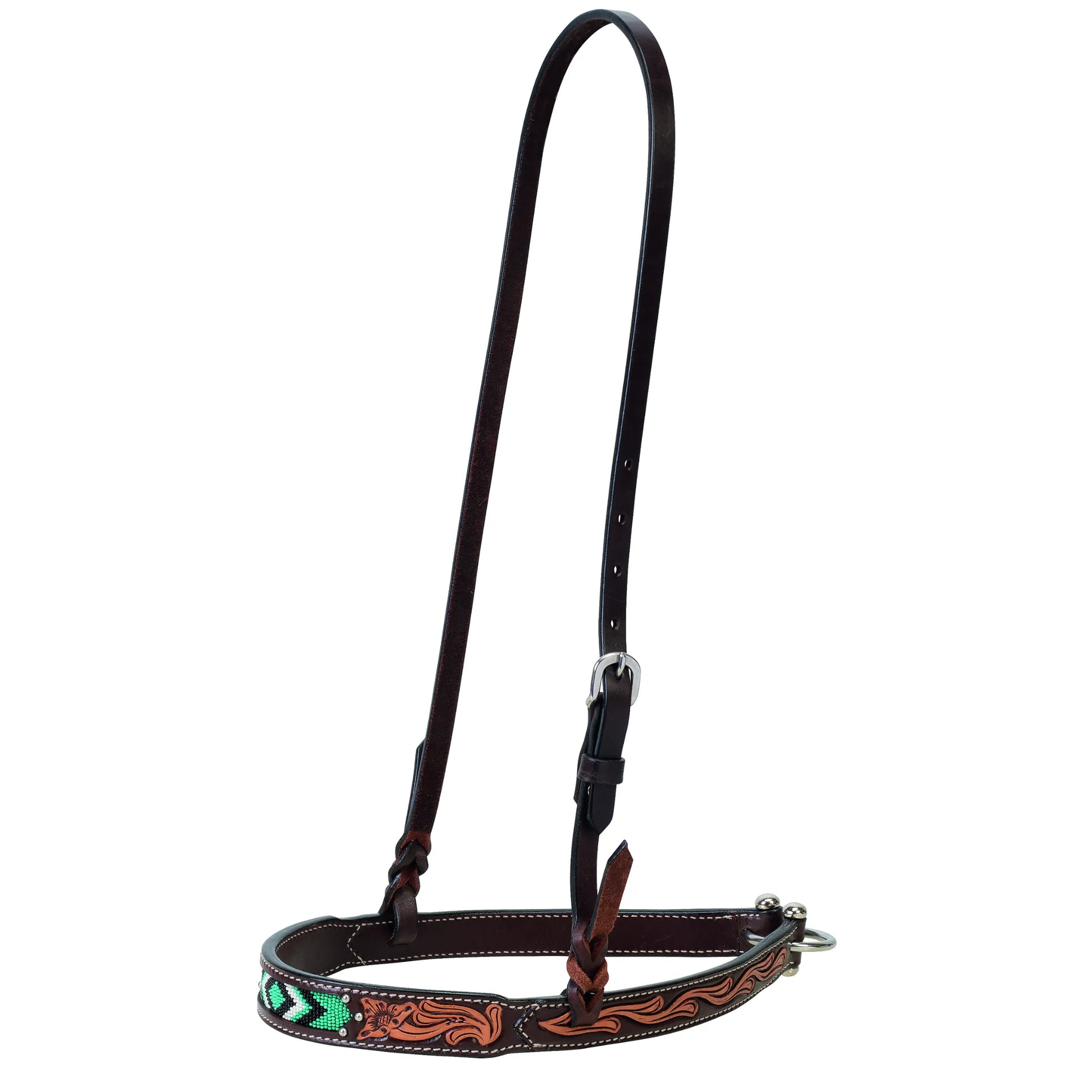 Weaver Leather Turquoise Diamond Beaded Horse Headstall in a rich Dark Oil finish. This single-ear western headstall features intricate hand-tooled floral patterns and a stunning turquoise, black, and white beaded diamond inlay. Designed with premium leather and durable stainless steel hardware, it’s a perfect blend of style and function for barrel racing, show, or trail riding. High-quality equestrian tack for a standout western look.