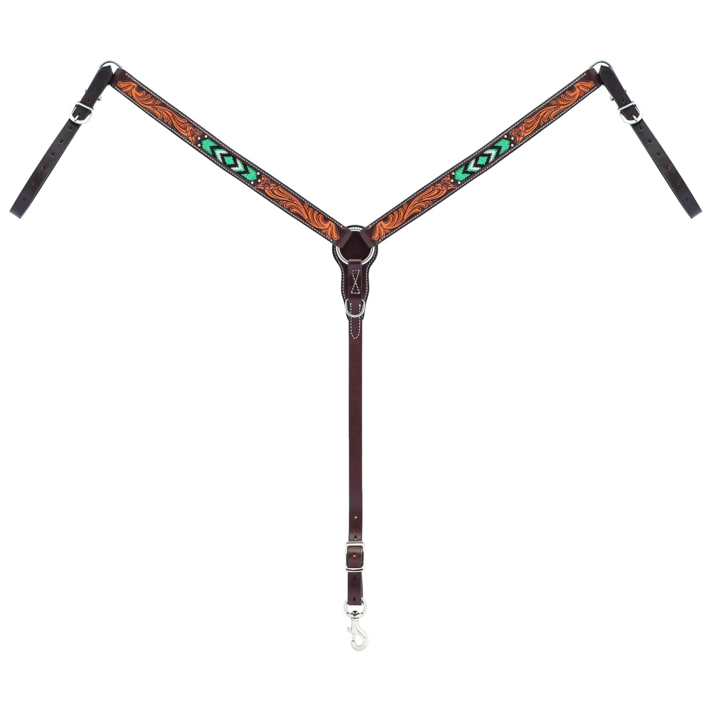 Weaver Leather Dark Oil Breast Collar featuring vibrant turquoise and emerald green diamond beaded inlays and hand-tooled floral scrolling. This premium Western horse tack includes elegant white contrast stitching and durable silver hardware. An eye-catching addition to any saddle set, this breast collar combines traditional artisanal craftsmanship with a pop of modern color for trail riding, ranch work, or competition.