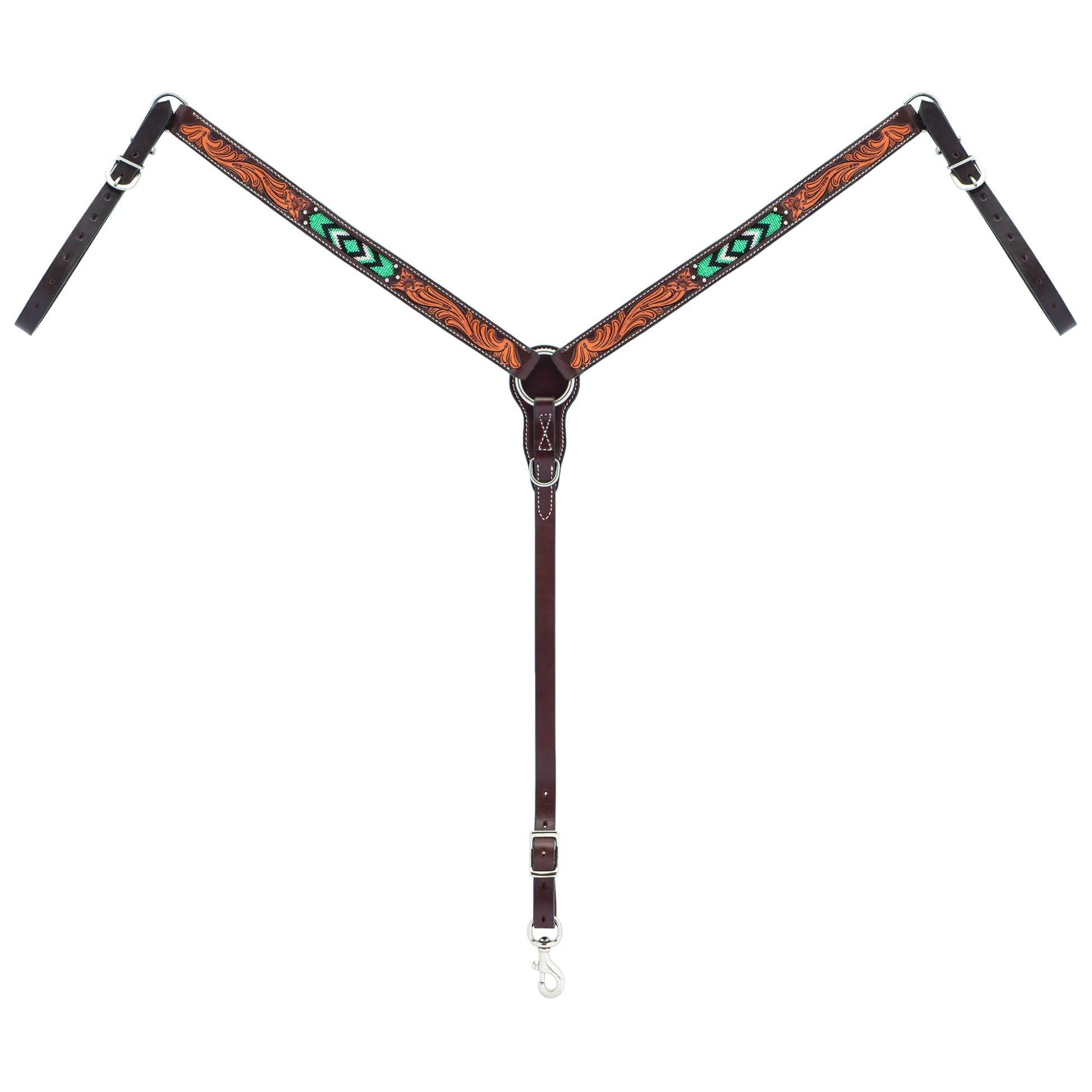 Weaver Leather Dark Oil Breast Collar featuring vibrant turquoise and emerald green diamond beaded inlays and hand-tooled floral scrolling. This premium Western horse tack includes elegant white contrast stitching and durable silver hardware. An eye-catching addition to any saddle set, this breast collar combines traditional artisanal craftsmanship with a pop of modern color for trail riding, ranch work, or competition.