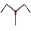 Weaver Leather Turquoise Diamond Beaded Horse Breast Collar in Dark Oil leather. Features intricate hand-tooled floral accents and vibrant green and turquoise beaded diamond patterns. This Western horse tack includes durable stainless steel hardware and adjustable straps for a custom fit. A stunning and functional piece for barrel racing, trail riding, or everyday equestrian use.