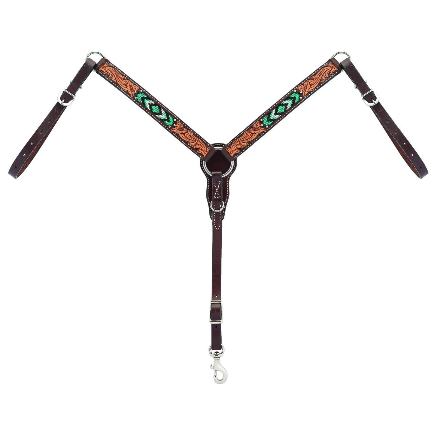 Weaver Leather Turquoise Diamond Beaded Horse Breast Collar in Dark Oil leather. Features intricate hand-tooled floral accents and vibrant green and turquoise beaded diamond patterns. This Western horse tack includes durable stainless steel hardware and adjustable straps for a custom fit. A stunning and functional piece for barrel racing, trail riding, or everyday equestrian use.
