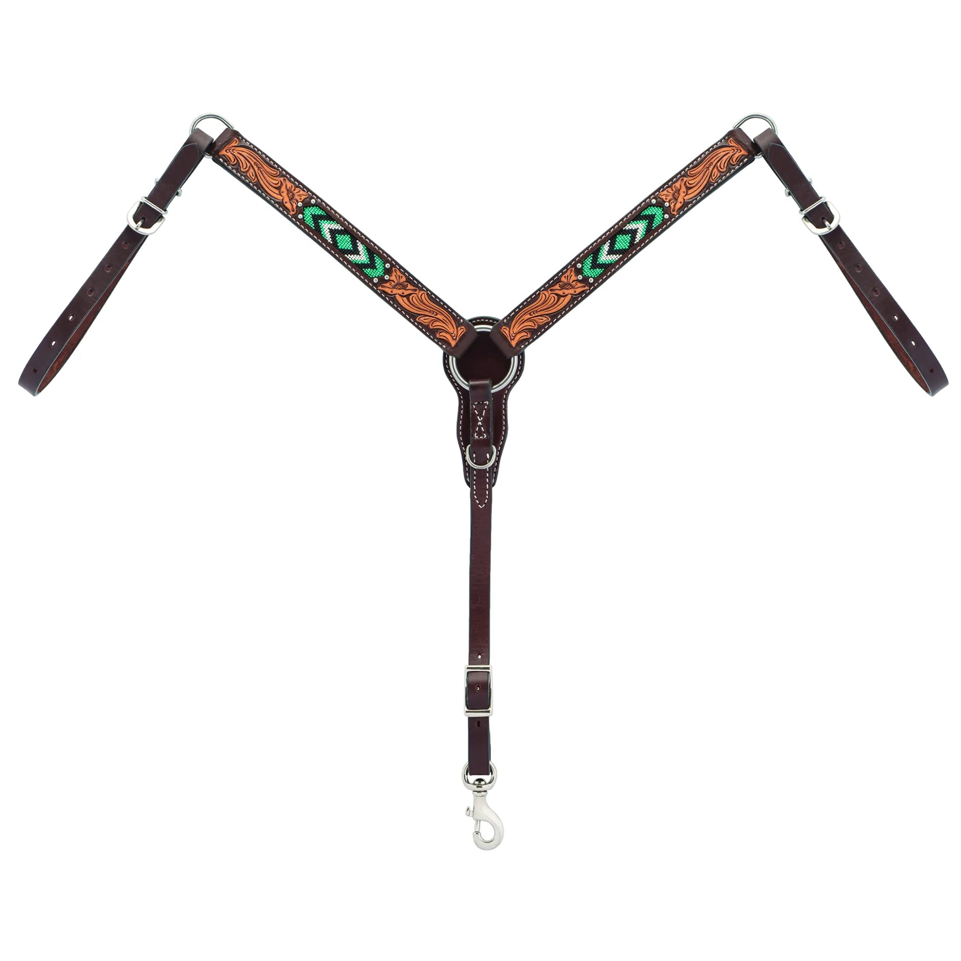 Weaver Leather Turquoise Diamond Beaded Horse Breast Collar in Dark Oil leather. Features intricate hand-tooled floral accents and vibrant green and turquoise beaded diamond patterns. This Western horse tack includes durable stainless steel hardware and adjustable straps for a custom fit. A stunning and functional piece for barrel racing, trail riding, or everyday equestrian use.