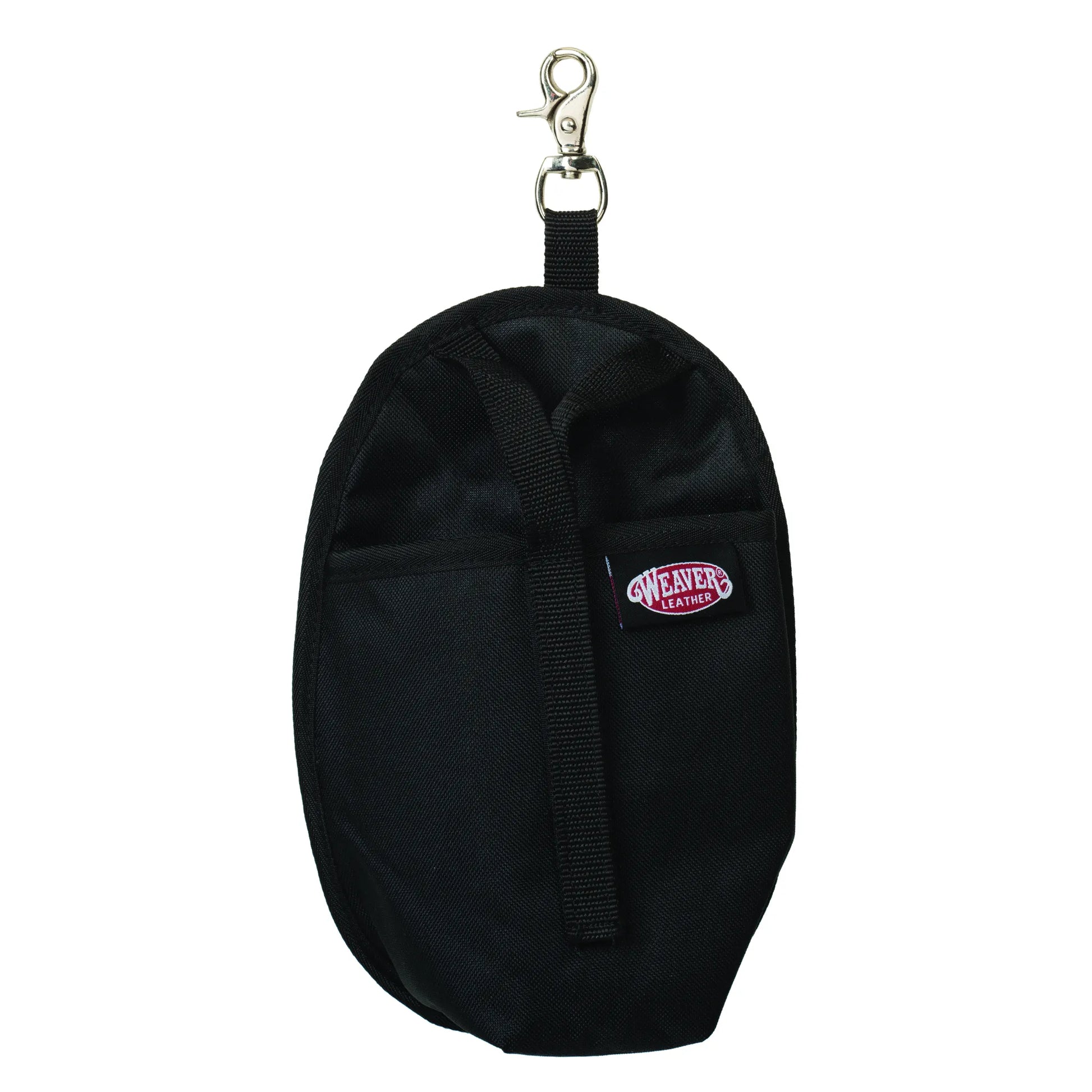 Weaver Leather Water Bottle Holder in black, perfect for trail riding. This heavy-duty nylon pouch features a silver scissor snap hook for easy attachment to a saddle or gear, a vertical webbing strap, and a small front pocket with the Weaver Leather logo. Stay hydrated on every ride with this durable, portable equestrian accessory.
