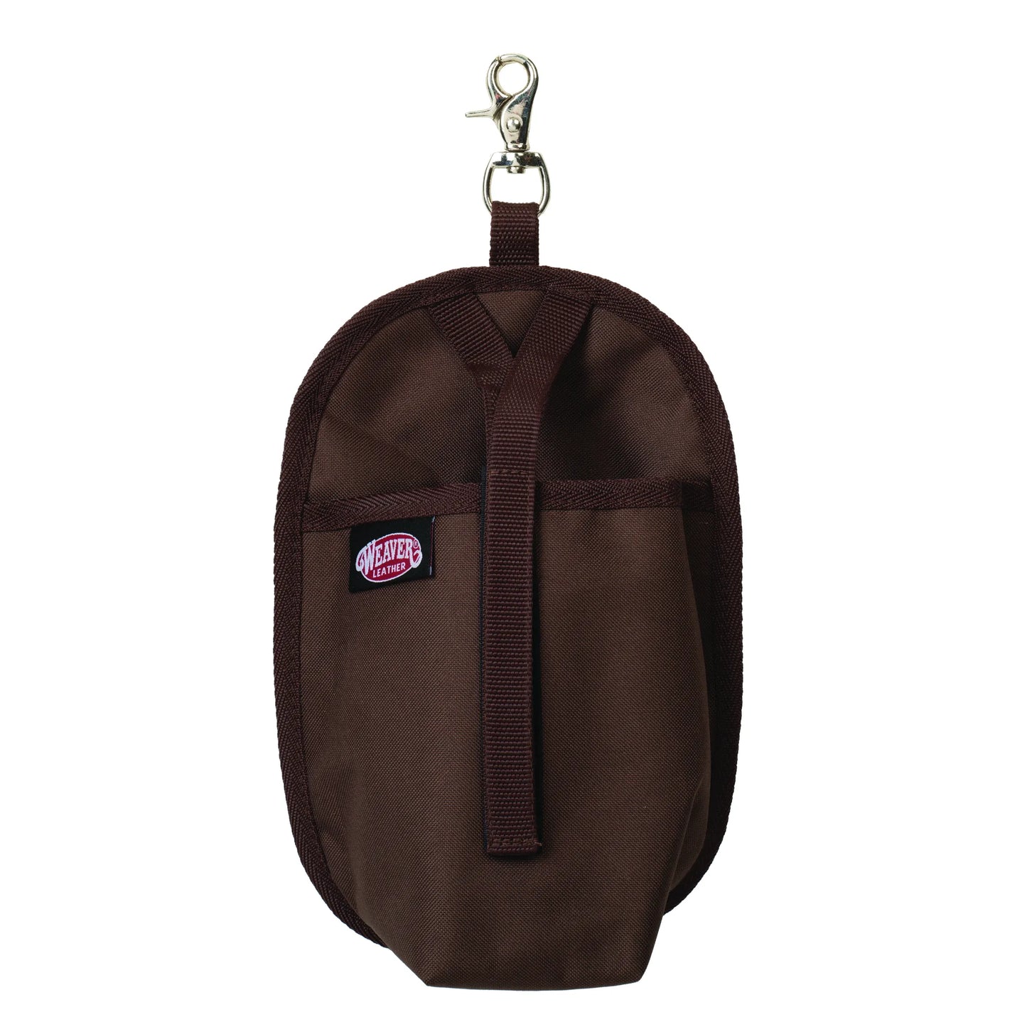 Weaver Leather brown nylon water bottle holder for equestrian trail riding. Features a sturdy silver swivel snap hook for secure attachment to a saddle, belt loop, or gear bag. Includes a Weaver Leather brand logo on the durable chocolate brown fabric with a central webbing strap for stability. Ideal horse tack accessory for riders to stay hydrated on long trail rides.