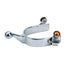 Weaver Leather Women's 21st Century Stainless Steel Spurs featuring a polished finish and a 1" shank with a gentle ball end. These high-quality equestrian spurs include decorative copper-colored buttons and integrated strap loops for a secure fit. A stylish and durable western riding accessory perfect for precise communication and horse training.