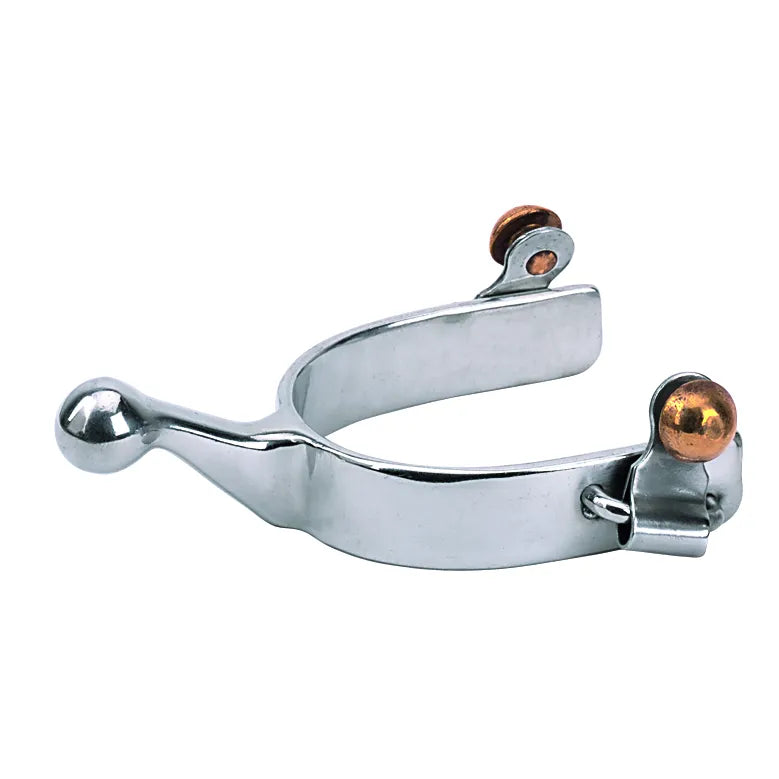 Weaver Leather Women's 21st Century Stainless Steel Spurs featuring a polished finish and a 1" shank with a gentle ball end. These high-quality equestrian spurs include decorative copper-colored buttons and integrated strap loops for a secure fit. A stylish and durable western riding accessory perfect for precise communication and horse training.