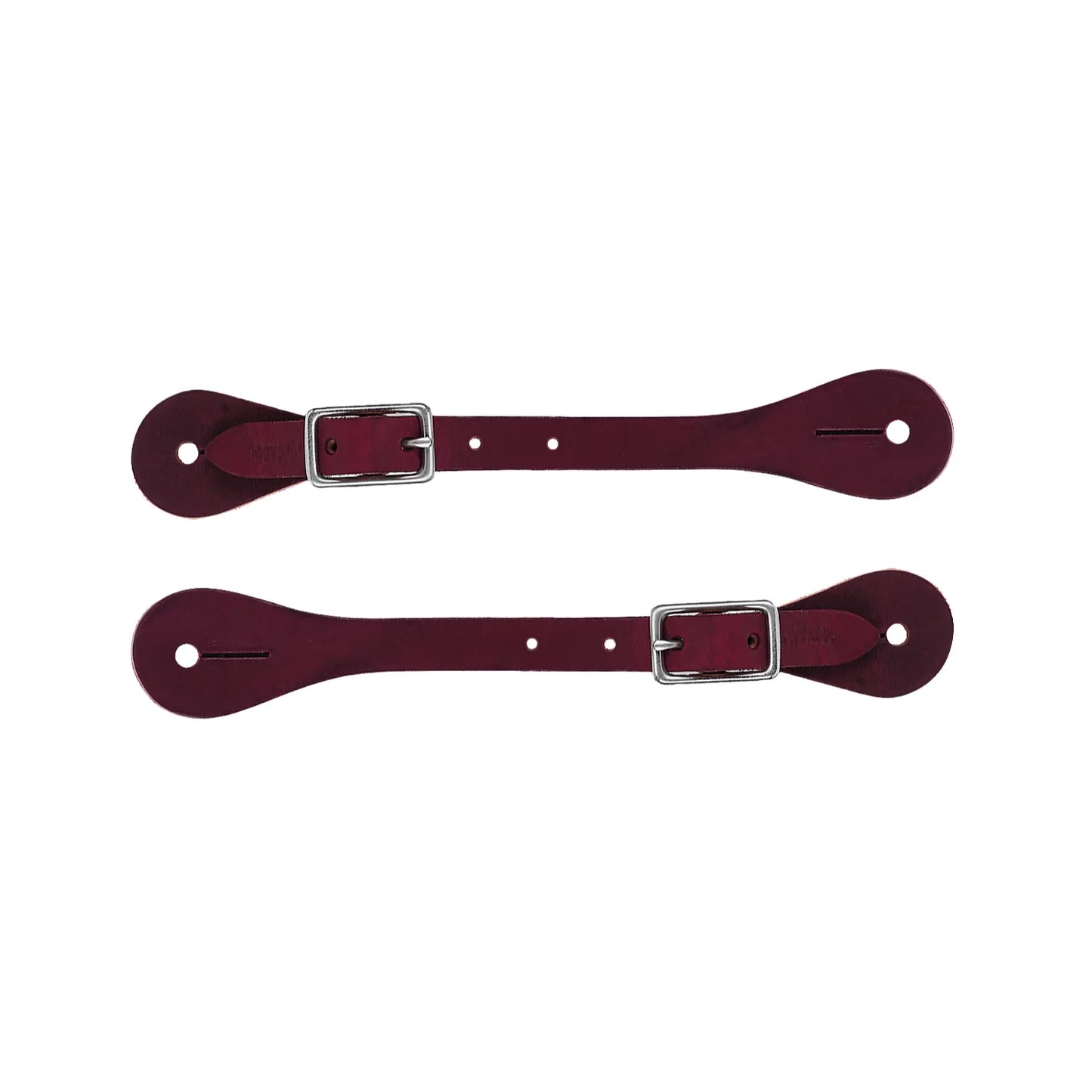 Weaver Leather Women's Burgundy Latigo Spur Straps featuring premium, durable dark red leather and adjustable stainless steel buckles. These elegant western riding accessories showcase a sleek profile with rounded ends and pre-cut holes for easy attachment. High-quality, stylish horse tack ideal for daily training or show ring performance.