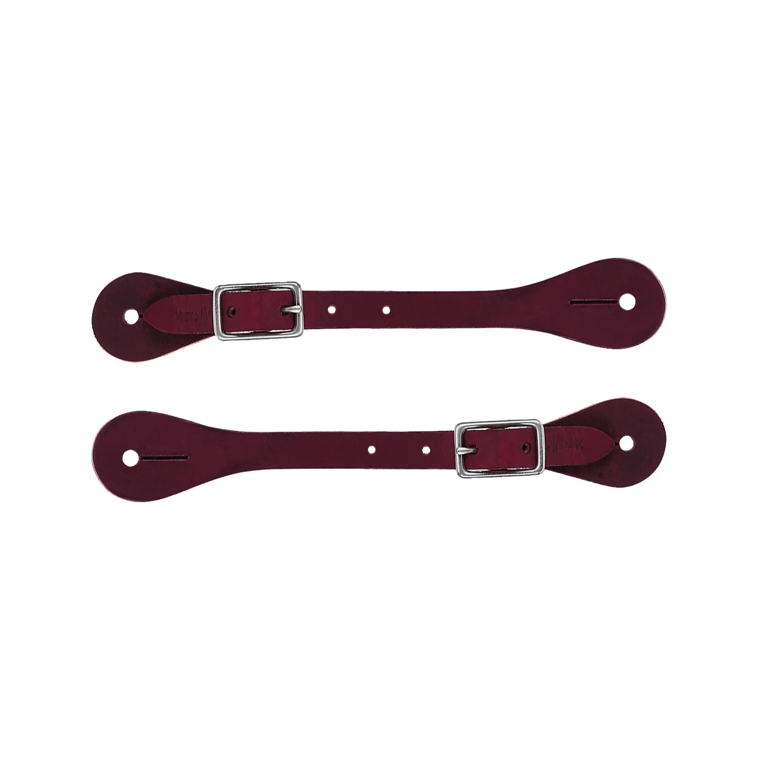 Weaver Leather Women's Burgundy Latigo Spur Straps featuring premium, durable dark red leather and adjustable stainless steel buckles. These elegant western riding accessories showcase a sleek profile with rounded ends and pre-cut holes for easy attachment. High-quality, stylish horse tack ideal for daily training or show ring performance.