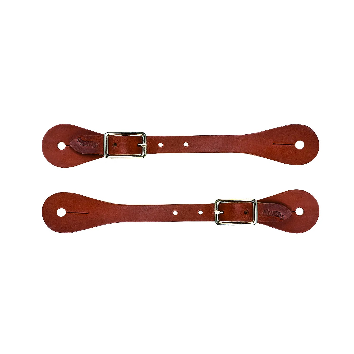 Weaver Leather Women's Burgundy Latigo Spur Straps featuring rich, dark red leather and classic stainless steel buckles. These durable equestrian accessories include teardrop-shaped ends with pre-punched holes for a custom fit on western riding boots. Perfect for the functional and fashion-forward rider looking for high-quality, long-lasting horse tack.