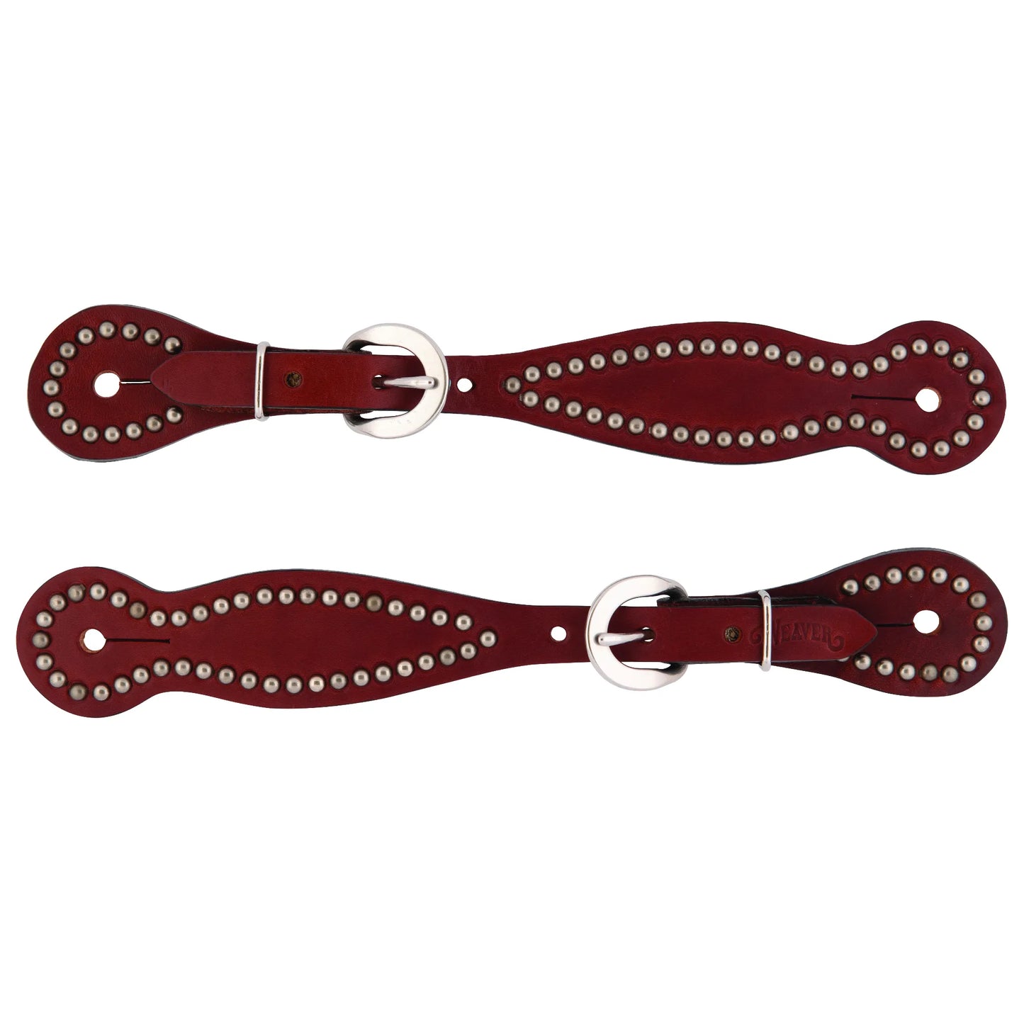 Weaver Leather Women's Chestnut Spur Straps featuring a classic western design with decorative nickel spots along the edges. These high-quality reddish-brown leather straps include polished silver-tone buckles and a scalloped shape, making them a stylish addition to any western riding ensemble. Durable and functional equestrian gear perfect for barrel racing, trail riding, or western pleasure.