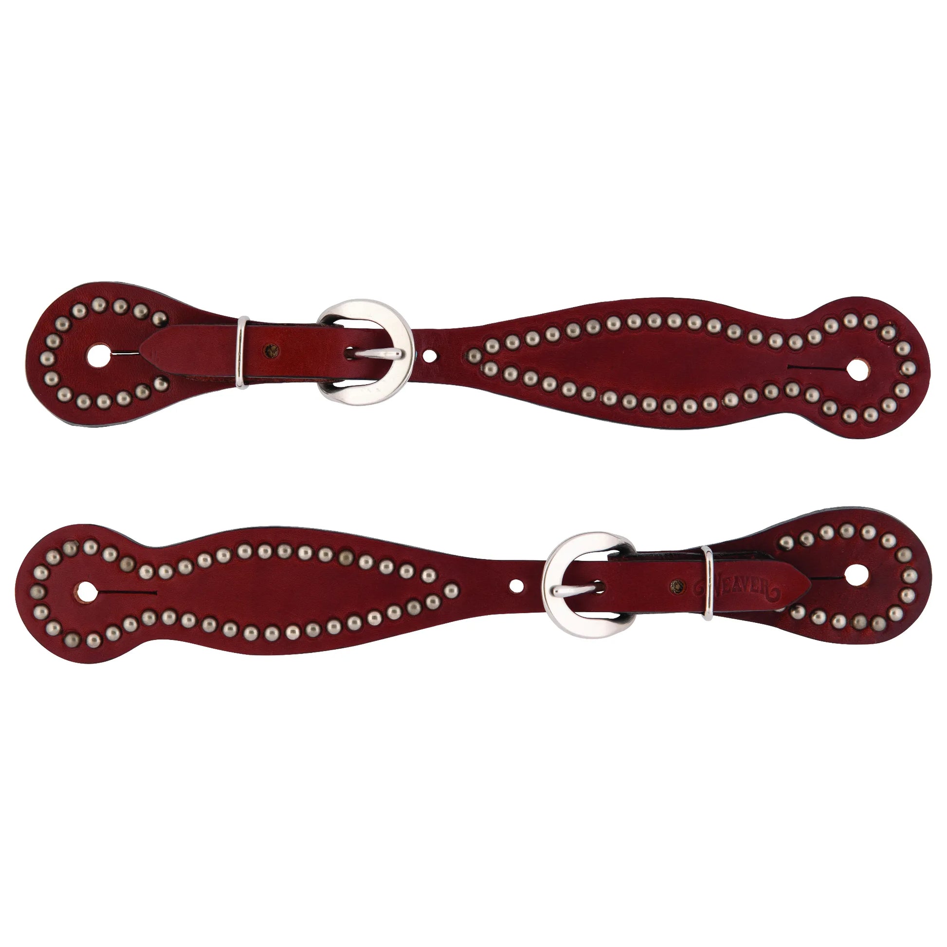 Weaver Leather Women's Chestnut Spur Straps featuring a classic western design with decorative nickel spots along the edges. These high-quality reddish-brown leather straps include polished silver-tone buckles and a scalloped shape, making them a stylish addition to any western riding ensemble. Durable and functional equestrian gear perfect for barrel racing, trail riding, or western pleasure.