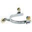 Weaver Leather Women's Roping Spurs made from polished stainless steel with a hand-engraved floral heel band. Features a contrasting brass star rowel and decorative gold-toned floral conchos for a classic western look. Durable and functional equestrian gear perfect for horse training, roping, and barrel racing.