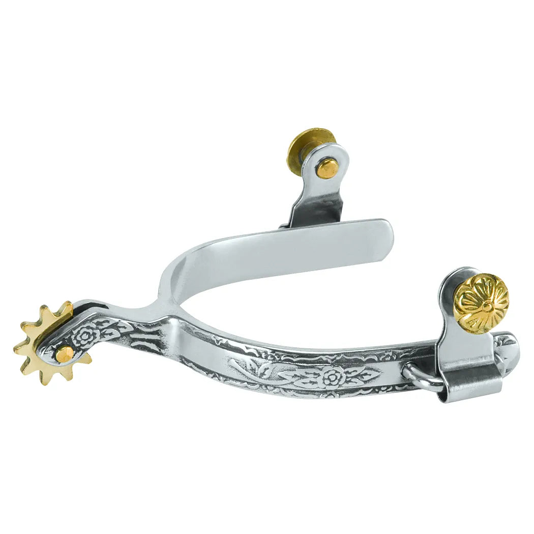 Weaver Leather Women's Roping Spurs made from polished stainless steel with a hand-engraved floral heel band. Features a contrasting brass star rowel and decorative gold-toned floral conchos for a classic western look. Durable and functional equestrian gear perfect for horse training, roping, and barrel racing.