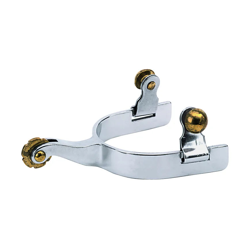 Weaver Leather Women's Roping Spurs in polished stainless steel featuring a decorative brass-colored rosebud rowel. These western riding spurs include a sleek u-shaped band with matching brass buttons for attaching spur straps. High-quality equestrian gear designed for durability and performance, adding a touch of classic western style to any cowgirl's riding boots.