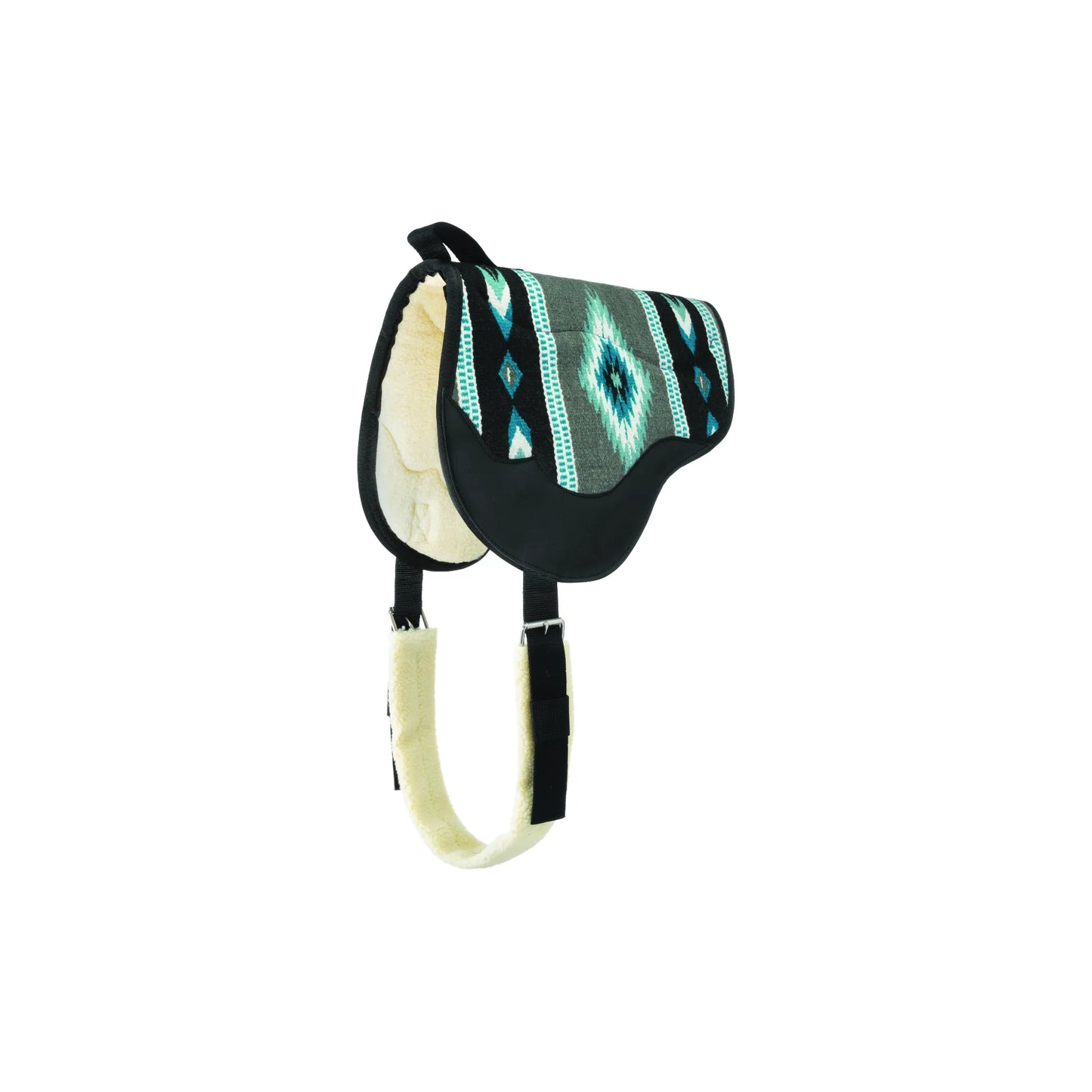 Weaver Leather Wool Blanket Top Bareback Pad in a vibrant Gray and Turquoise southwestern pattern. This stylish equestrian gear features a comfortable fleece lining, durable black wear leathers, and a matching adjustable fleece-covered girth. Ideal for western riders seeking a close-contact connection with their horse while providing cushioning and support. High-quality horse tack for trail riding or everyday use.