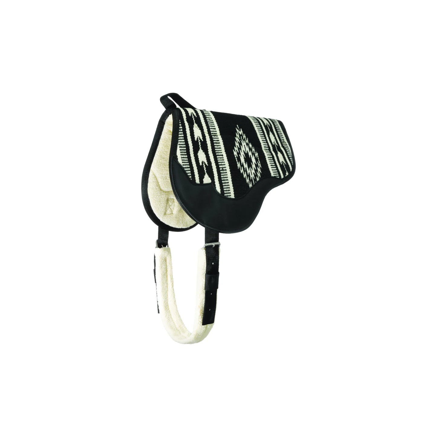 Weaver Leather Wool Blanket Top Bareback Pad featuring a striking black and white Southwestern Aztec design. This high-quality horse riding pad is equipped with a thick fleece lining for ultimate comfort, an integrated fleece-padded cinch, and a convenient front handle. Durable wear leathers and a contoured fit make it ideal for a close-contact, stylish riding experience. Perfect for equestrian enthusiasts seeking a blend of traditional style and horse comfort.