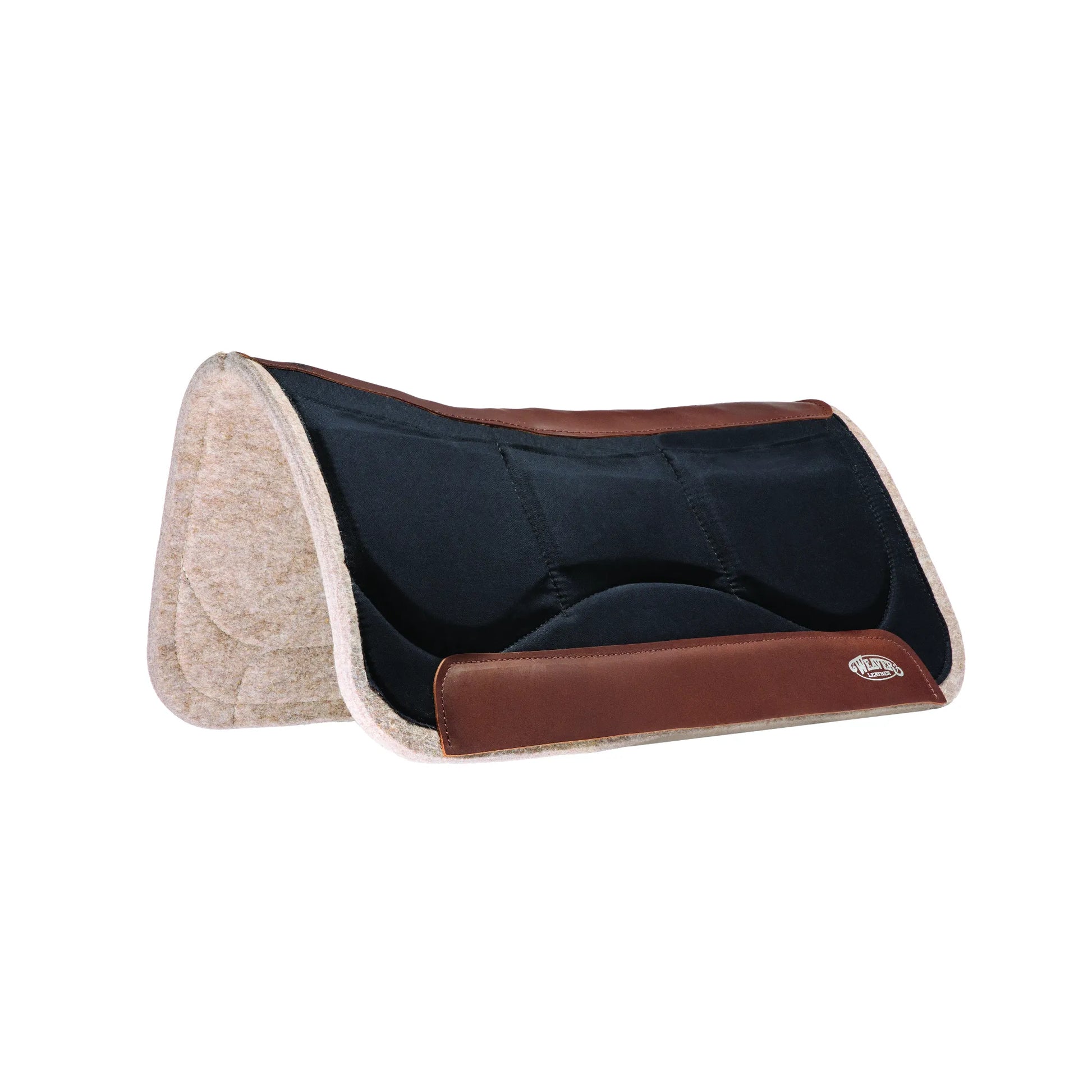 Weaver Leather Wool Blend Felt Shim Pad for western saddles featuring a black fabric top, brown leather wear leathers, and a natural tan wool blend felt bottom. This contoured saddle pad includes six internal shim pockets for a customizable fit to improve saddle balance and horse comfort. High-quality, durable equestrian tack ideal for trail riding or performance training, offering shock absorption and a professional look.