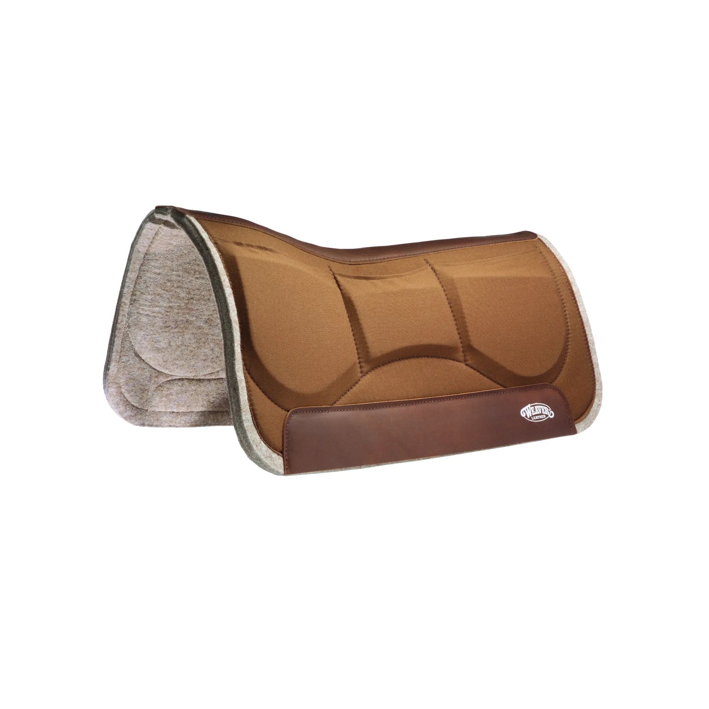 Weaver Leather Wool Blend Felt Shim Pad in brown, featuring integrated foam shims to customize saddle fit and provide pressure relief. This premium western saddle pad includes durable leather wear leathers, a contoured spine for horse comfort, and a moisture-wicking natural felt underside. Ideal for corrective saddle fitting, trail riding, and performance horse care.