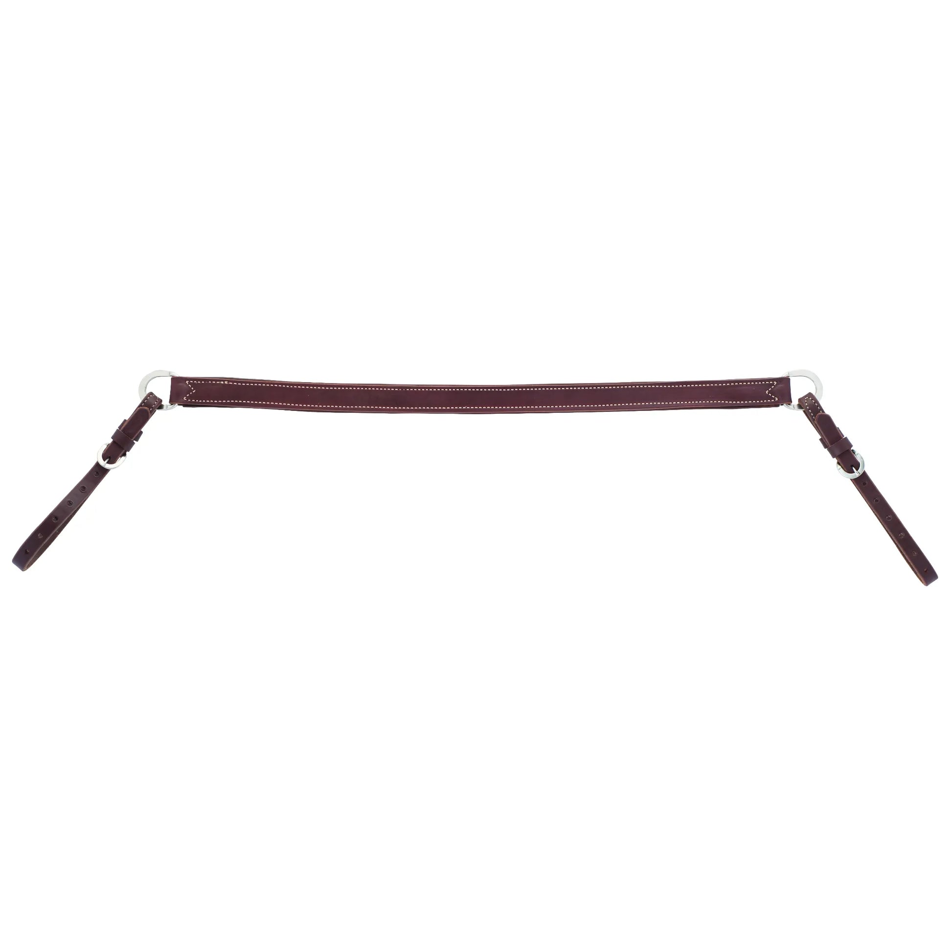 Weaver Leather Working Tack Breast Collar in a rich burgundy finish. This durable single-ply oiled leather breast collar features high-contrast white stitching and sturdy silver-tone hardware. Designed for functionality and a classic western look, the adjustable straps ensure a secure fit for ranch work, trail riding, or everyday training. A high-quality piece of horse tack perfect for any equestrian’s collection.