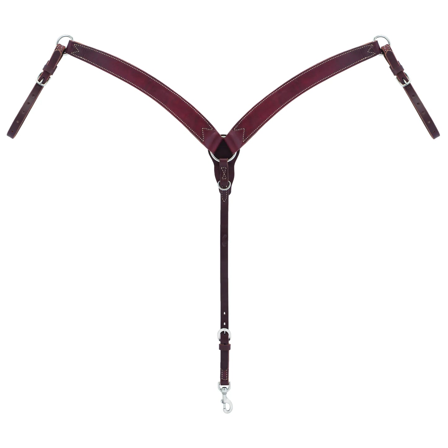 Weaver Leather Working Tack Breast Collar in a deep burgundy hue with heavy-duty white stitching. This durable Y-style horse breast collar features stainless steel buckles, adjustable straps for a custom fit, and a snap-hook center strap. A reliable piece of western horse tack perfect for ranch work, training, or trail riding. High-quality leather craftsmanship for every equestrian's gear collection.