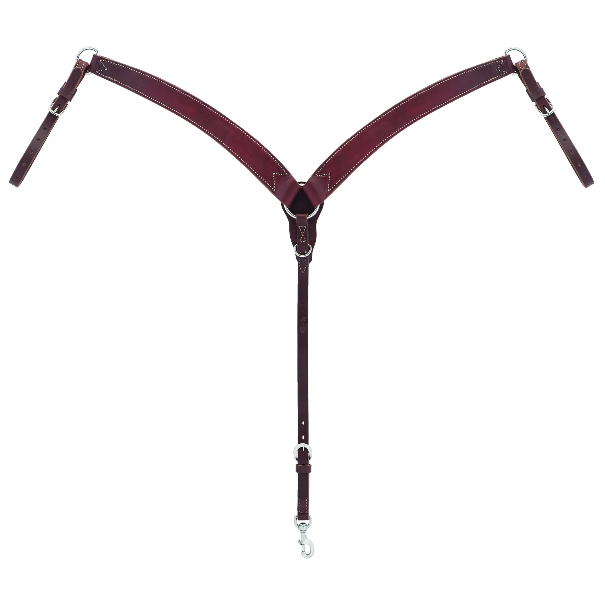 Weaver Leather Working Tack Breast Collar in a deep burgundy hue with heavy-duty white stitching. This durable Y-style horse breast collar features stainless steel buckles, adjustable straps for a custom fit, and a snap-hook center strap. A reliable piece of western horse tack perfect for ranch work, training, or trail riding. High-quality leather craftsmanship for every equestrian's gear collection.