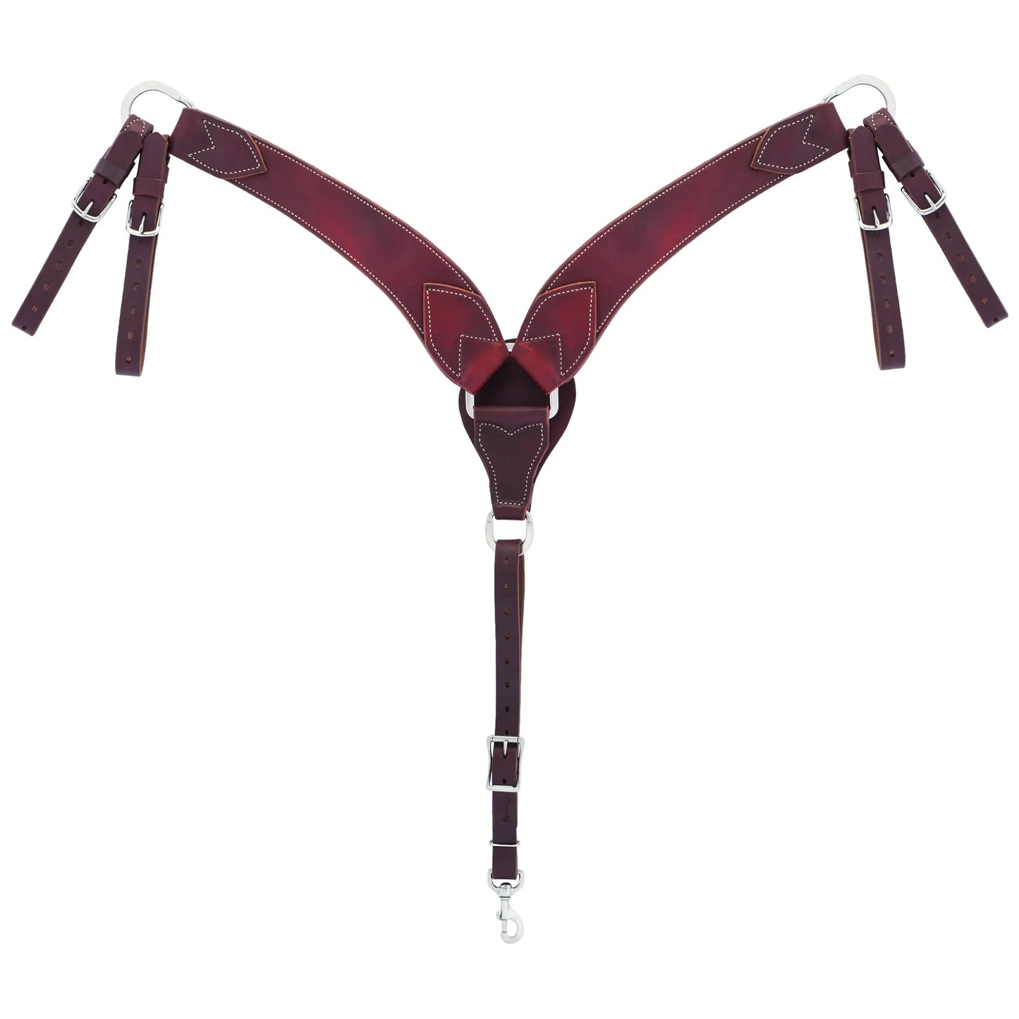 Weaver Leather Working Tack Breast Collar crafted from rich burgundy-toned leather with classic white contrast stitching. This durable Y-shaped western horse collar includes adjustable side tugs and a center strap with stainless steel buckles and a swivel snap. Designed for heavy-duty ranch work and trail riding, it offers a secure fit and professional look for any western horse equipment collection.