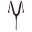 Weaver Leather Working Tack Breast Collar in rich mahogany leather with classic white stitching. This durable equestrian gear features padded shoulder straps, heavy-duty hardware, and adjustable buckle straps for a secure fit. Designed for western riding, ranch work, and trail adventures, it includes a center D-ring and a cinch strap with a snap hook. High-quality horse tack combining rugged performance with professional style for any rider.