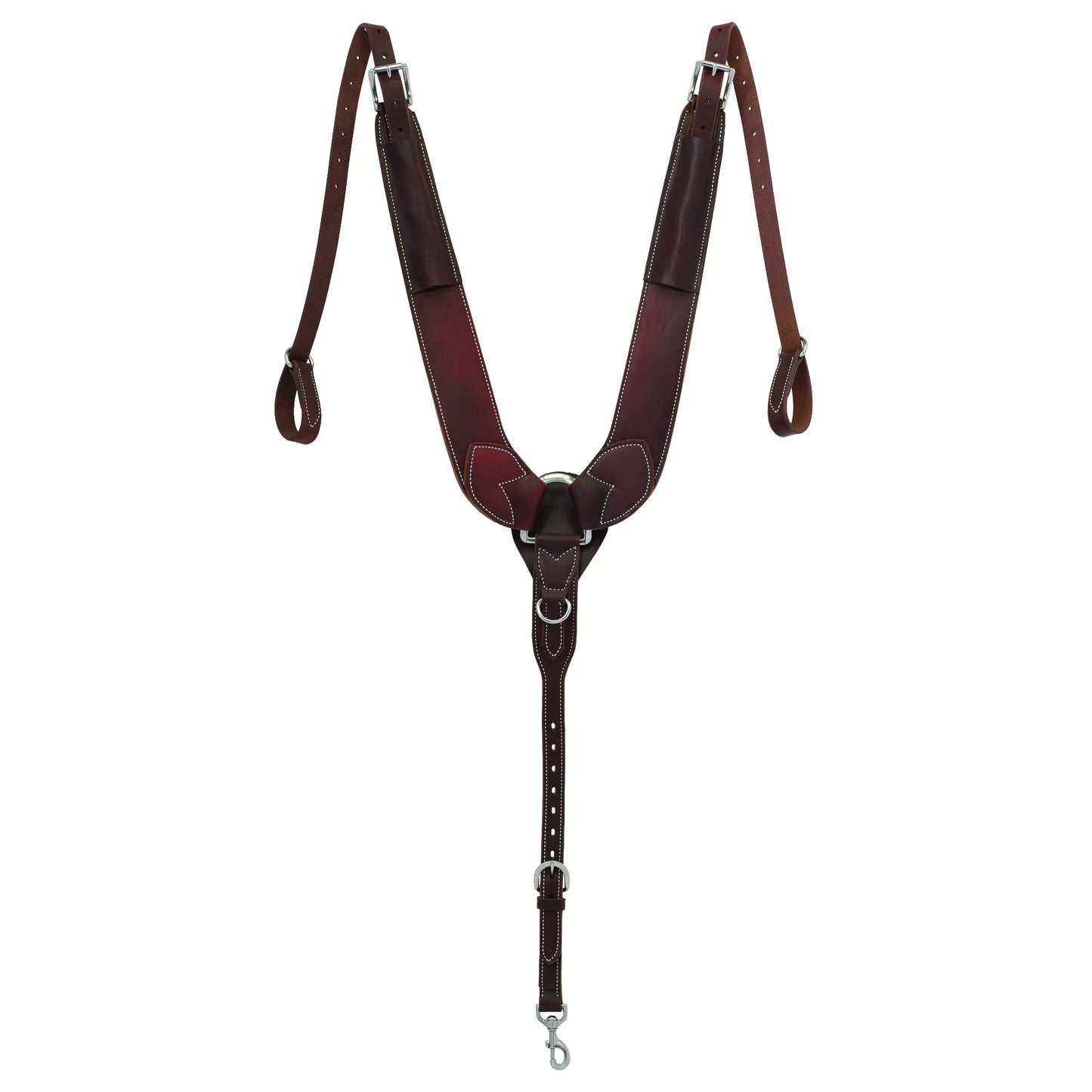 Weaver Leather Working Tack Breast Collar in rich mahogany leather with classic white stitching. This durable equestrian gear features padded shoulder straps, heavy-duty hardware, and adjustable buckle straps for a secure fit. Designed for western riding, ranch work, and trail adventures, it includes a center D-ring and a cinch strap with a snap hook. High-quality horse tack combining rugged performance with professional style for any rider.