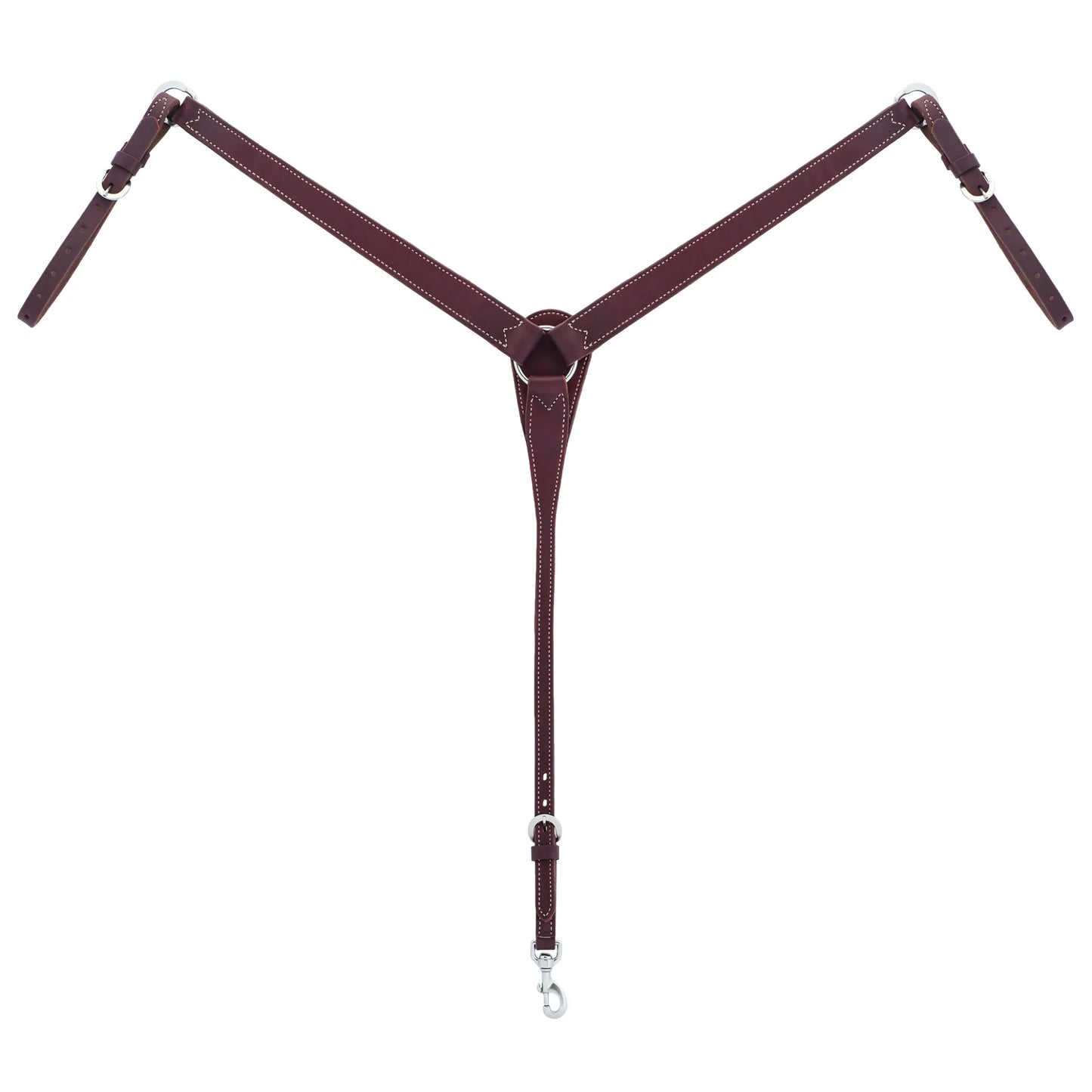 Weaver Leather Working Tack Breast Collar in a deep mahogany finish. This durable Y-shaped western breast collar features heavy-duty double-stitched leather and stainless steel hardware for long-lasting performance. Includes adjustable straps with buckles and a snap hook attachment for a secure fit. A classic piece of equestrian gear perfect for ranch work, roping, or trail riding.