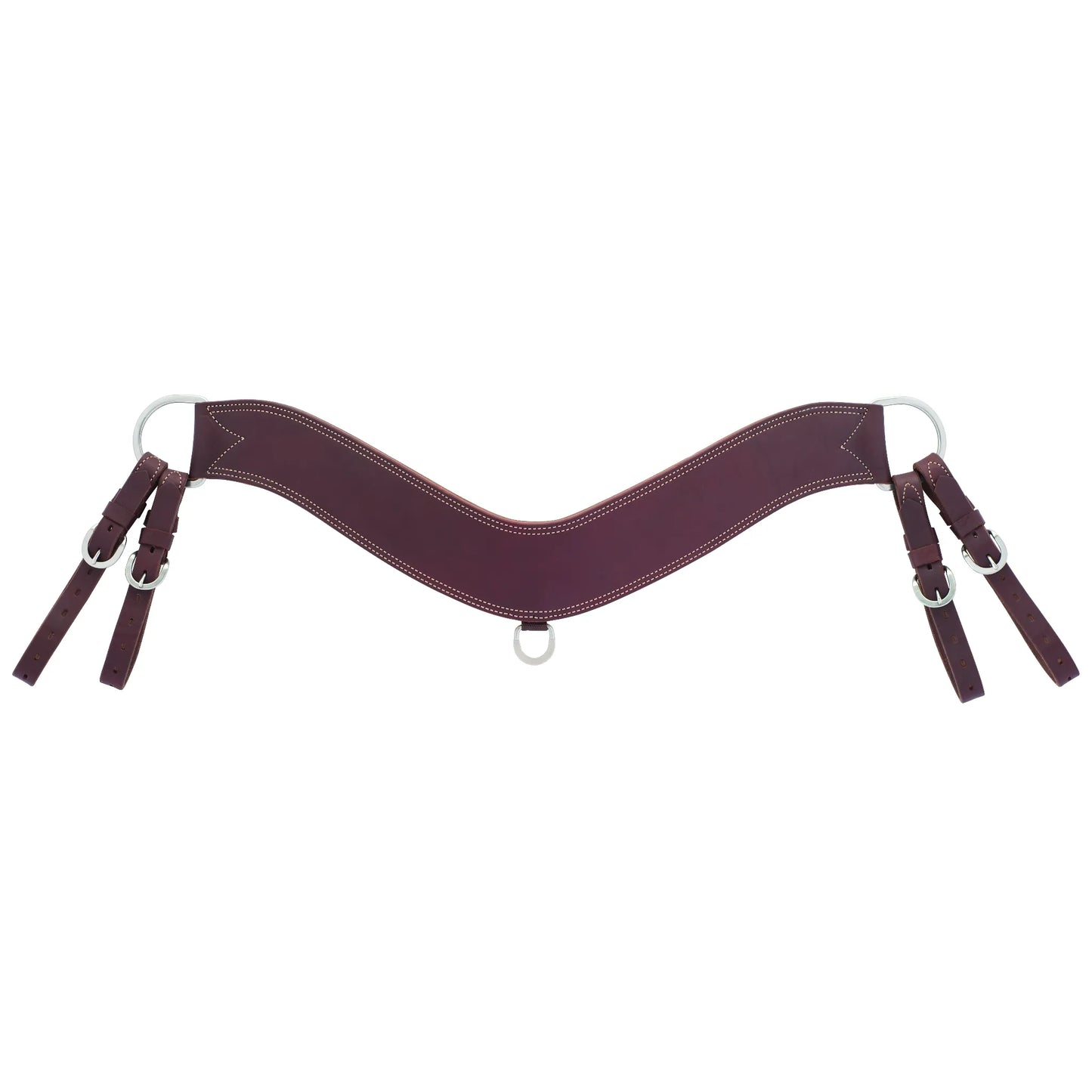 Weaver Leather burgundy heavy-duty steer breast collar, crafted from thick, durable working leather with white contrast stitching. This contoured V-shaped horse breast collar features sturdy stainless steel hardware, including adjustable tug straps and a center D-ring for secure attachment. Designed for maximum durability and comfort during ranch work, steer wrestling, or training, it offers a professional look and reliable performance for working western horses.