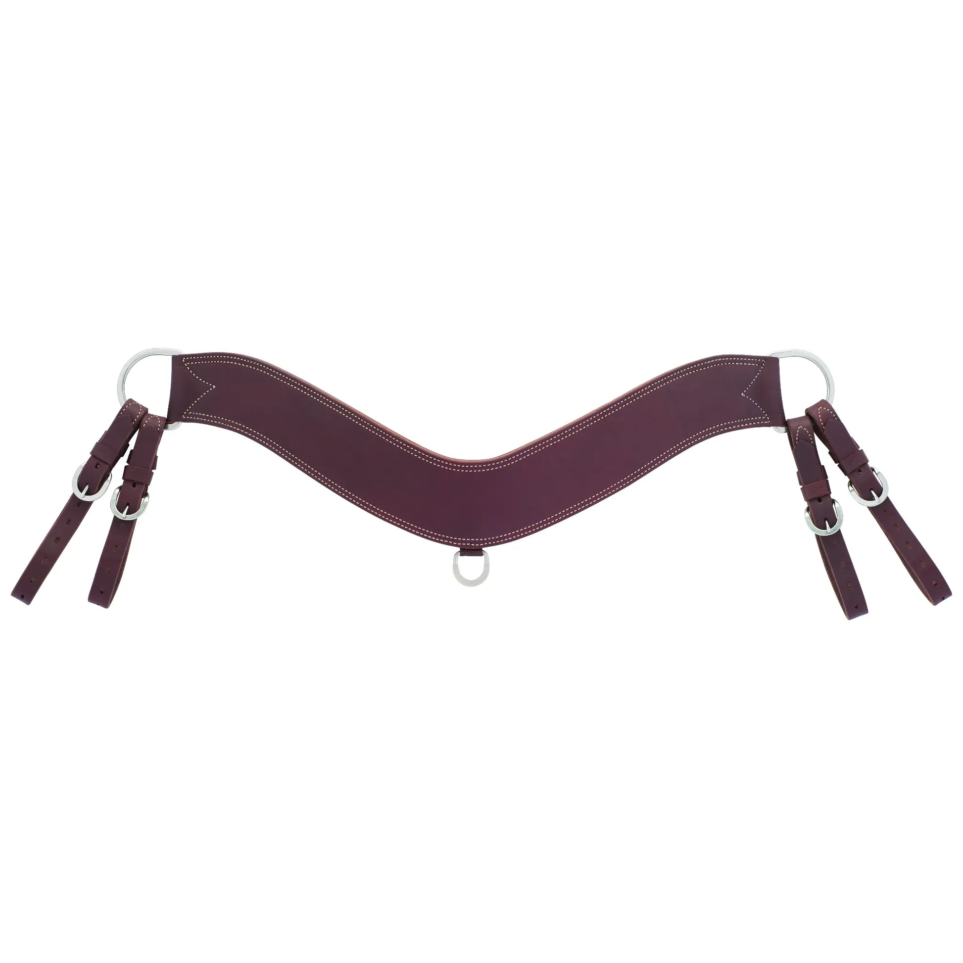 Weaver Leather burgundy heavy-duty steer breast collar, crafted from thick, durable working leather with white contrast stitching. This contoured V-shaped horse breast collar features sturdy stainless steel hardware, including adjustable tug straps and a center D-ring for secure attachment. Designed for maximum durability and comfort during ranch work, steer wrestling, or training, it offers a professional look and reliable performance for working western horses.