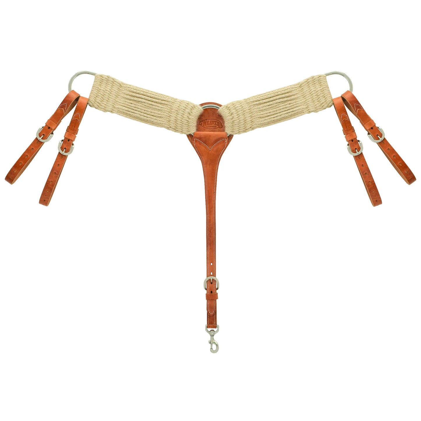 Weaver Leather Woven Mohair Roper Breast Collar featuring natural cream-colored mohair straps and russet brown leather accents. This high-quality horse tack includes adjustable leather tug straps with silver buckles and a center snap hook for easy saddle attachment. Designed for comfort and breathability, this classic western breast collar is ideal for roping, trail riding, and ranch work, providing a secure and stylish fit for any horse.