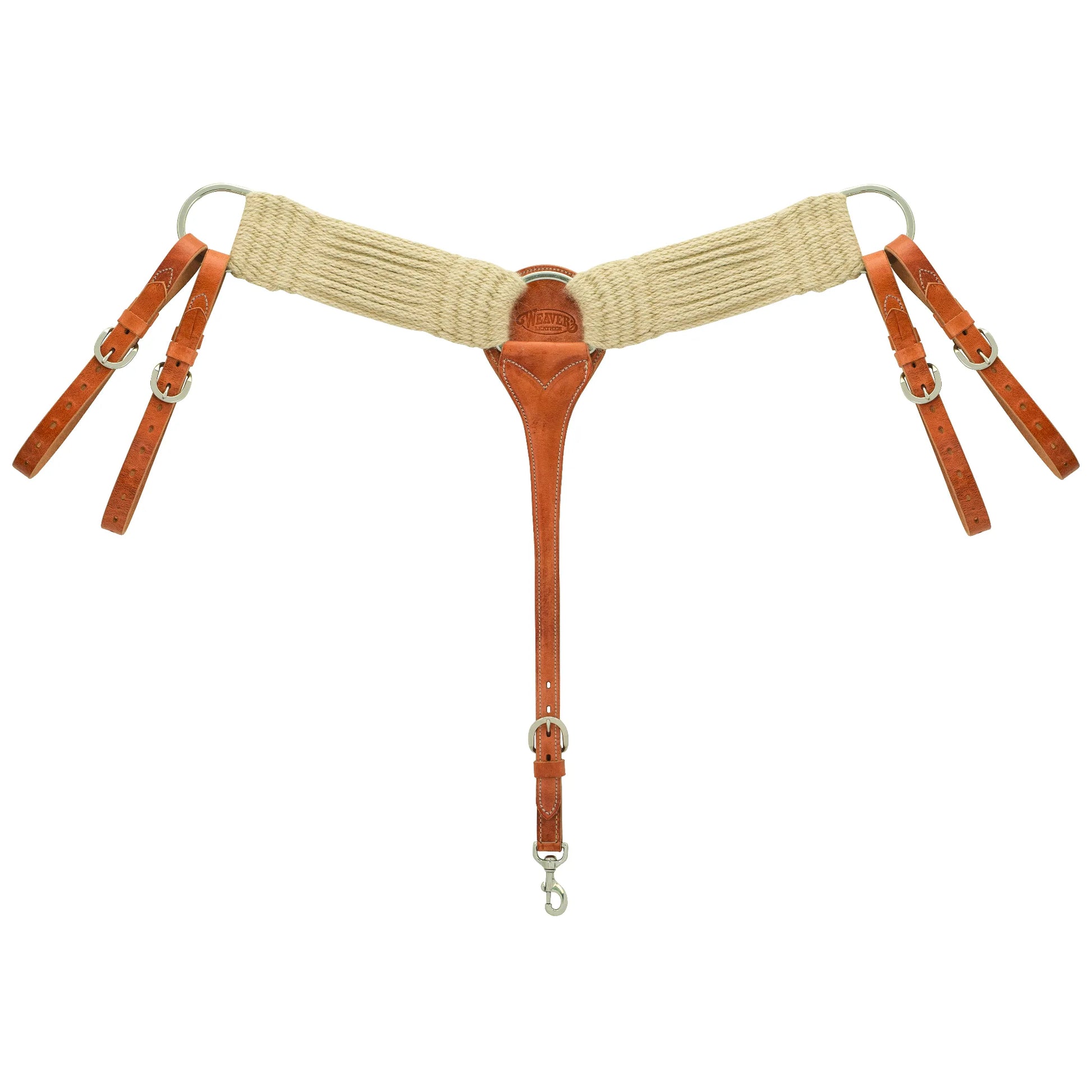 Weaver Leather Woven Mohair Roper Breast Collar featuring natural cream-colored mohair straps and russet brown leather accents. This high-quality horse tack includes adjustable leather tug straps with silver buckles and a center snap hook for easy saddle attachment. Designed for comfort and breathability, this classic western breast collar is ideal for roping, trail riding, and ranch work, providing a secure and stylish fit for any horse.
