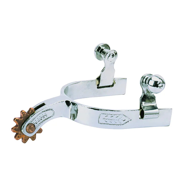 Weaver Leather Youth Spurs featuring a chrome-plated heel band with decorative leaf engraving and a 1 1/4 inch shank. These high-quality western spurs highlight a contrasting copper-plated 10-point rowel and include two buttons for securing spur straps. Designed for young equestrian enthusiasts, these durable spurs add a professional touch to any western riding outfit, perfect for horse shows, training, or trail rides.