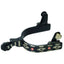 Weaver Leather Ladies' Western spur in an antique black finish featuring decorative silver and copper geometric overlays with Southwestern flair. This stylish equestrian accessory includes a flower-shaped rowel and hinged strap loops for a secure fit. Ideal for horse shows or trail riding, these durable spurs blend functionality with elegant metalwork accents for the modern cowgirl.