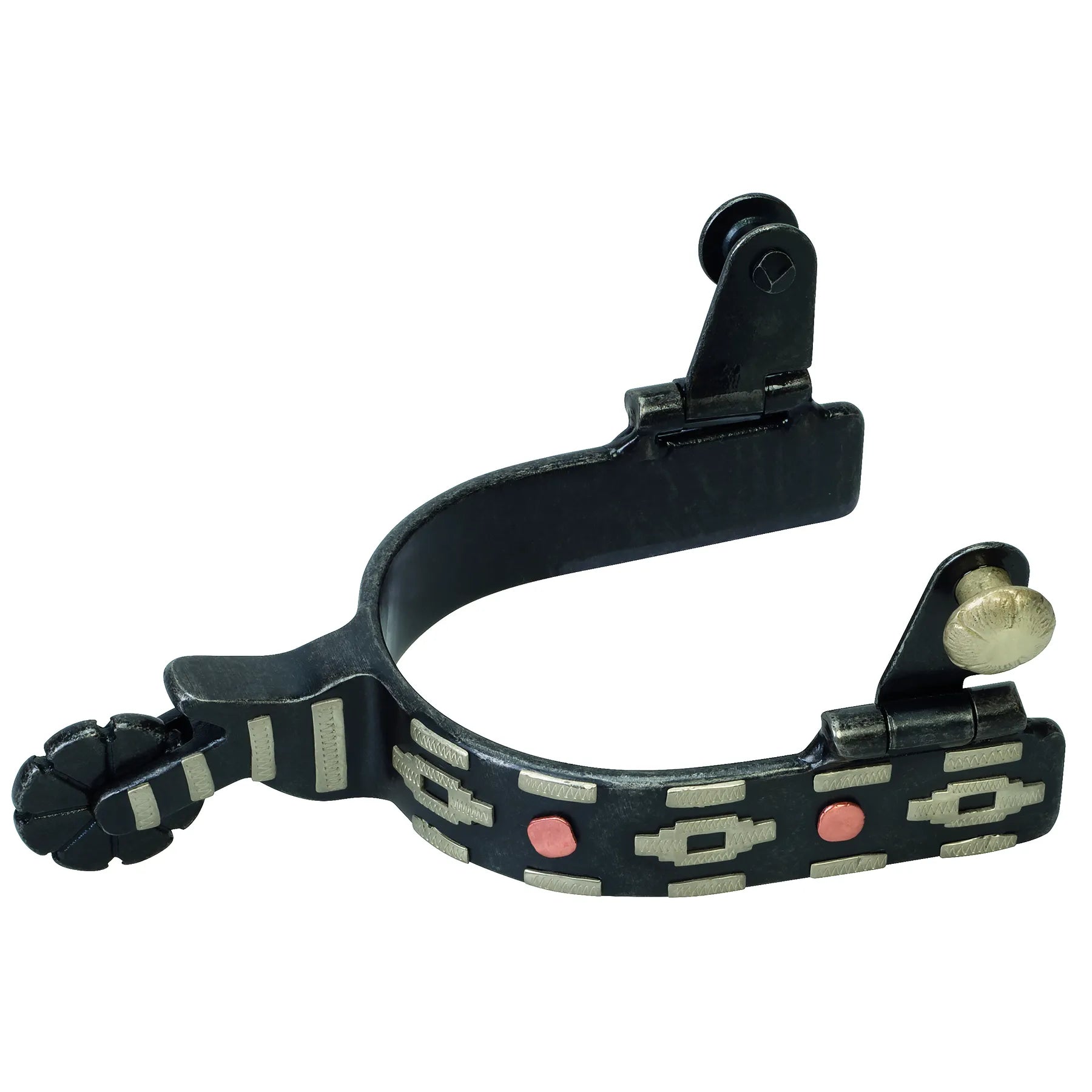 Weaver Leather Ladies' Western spur in an antique black finish featuring decorative silver and copper geometric overlays with Southwestern flair. This stylish equestrian accessory includes a flower-shaped rowel and hinged strap loops for a secure fit. Ideal for horse shows or trail riding, these durable spurs blend functionality with elegant metalwork accents for the modern cowgirl.