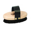 Weaver Livestock Copper Bristle Brush featuring an oval light-wood base and black leather hand strap with gold-tone rivets. This livestock grooming brush combines firm black and copper-colored bristles to effectively clean and style show cattle or horse hair. A durable, high-quality tool for grooming kits, designed for comfort and professional show prep results.