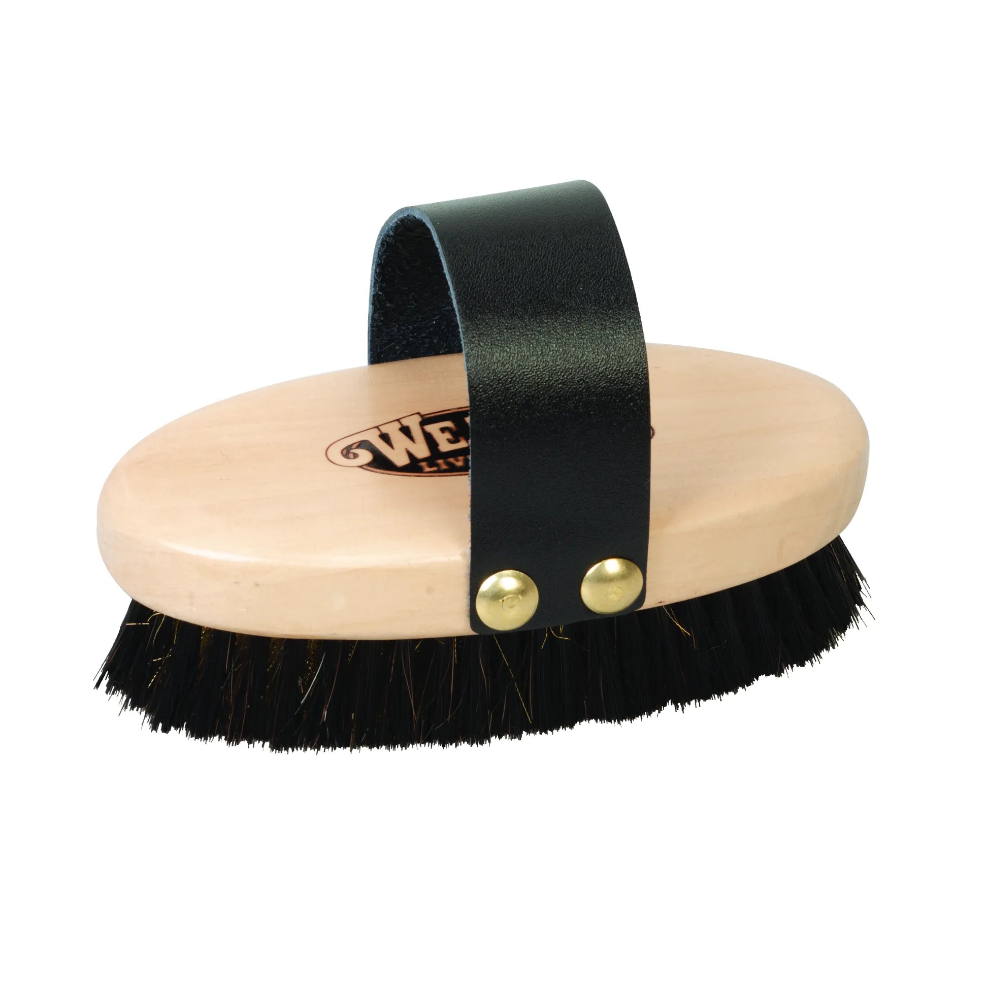 Weaver Livestock Copper Bristle Brush featuring an oval light-wood base and black leather hand strap with gold-tone rivets. This livestock grooming brush combines firm black and copper-colored bristles to effectively clean and style show cattle or horse hair. A durable, high-quality tool for grooming kits, designed for comfort and professional show prep results.