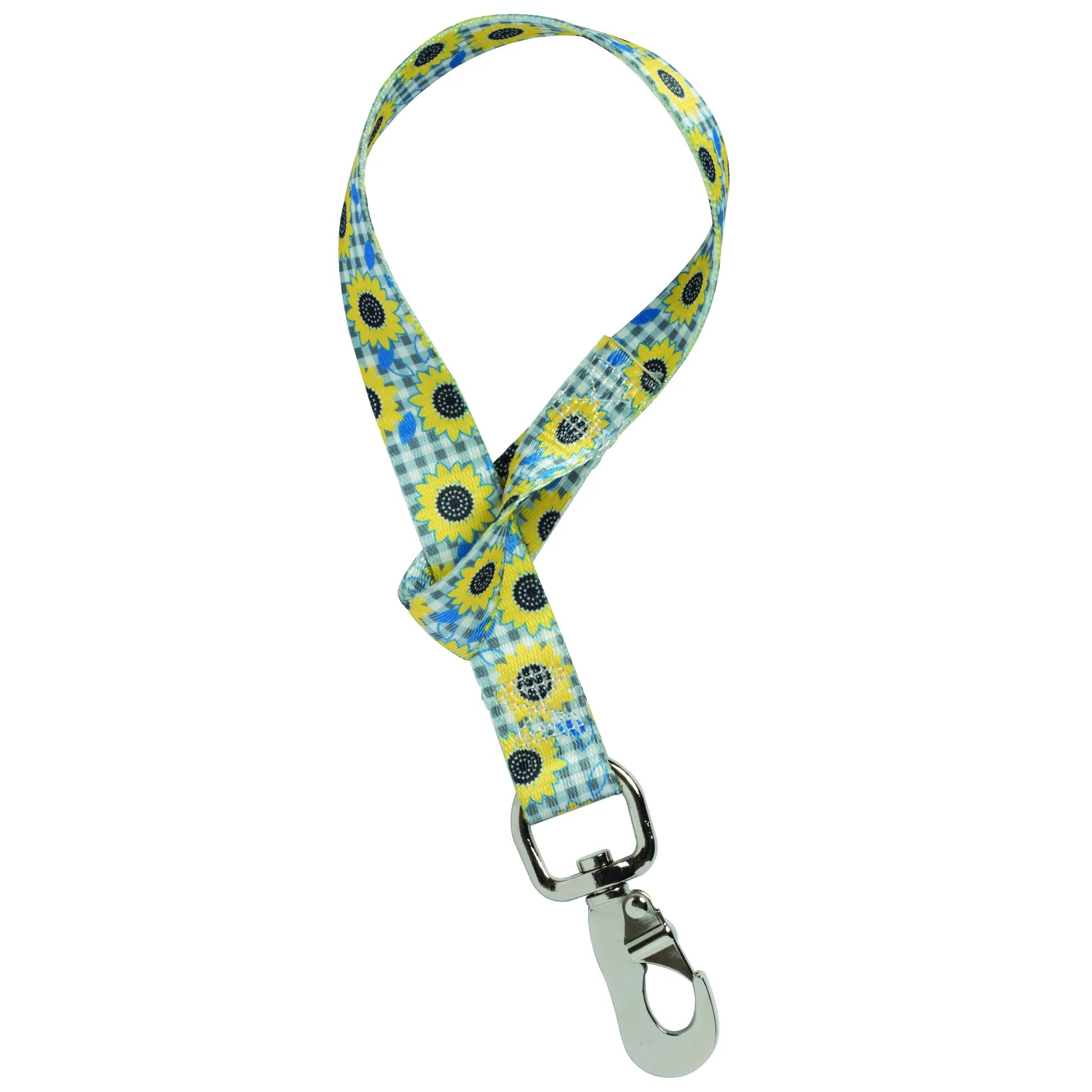 Weaver Nylon Bucket Strap featuring a cheerful yellow sunflower pattern on a blue and white gingham background. This durable, heavy-duty strap includes a secure silver metal snap hook, perfect for hanging feed or water buckets in horse stalls, barns, and trailers. A must-have, stylish equestrian accessory for pet owners and livestock management, combining functionality with a touch of country charm.