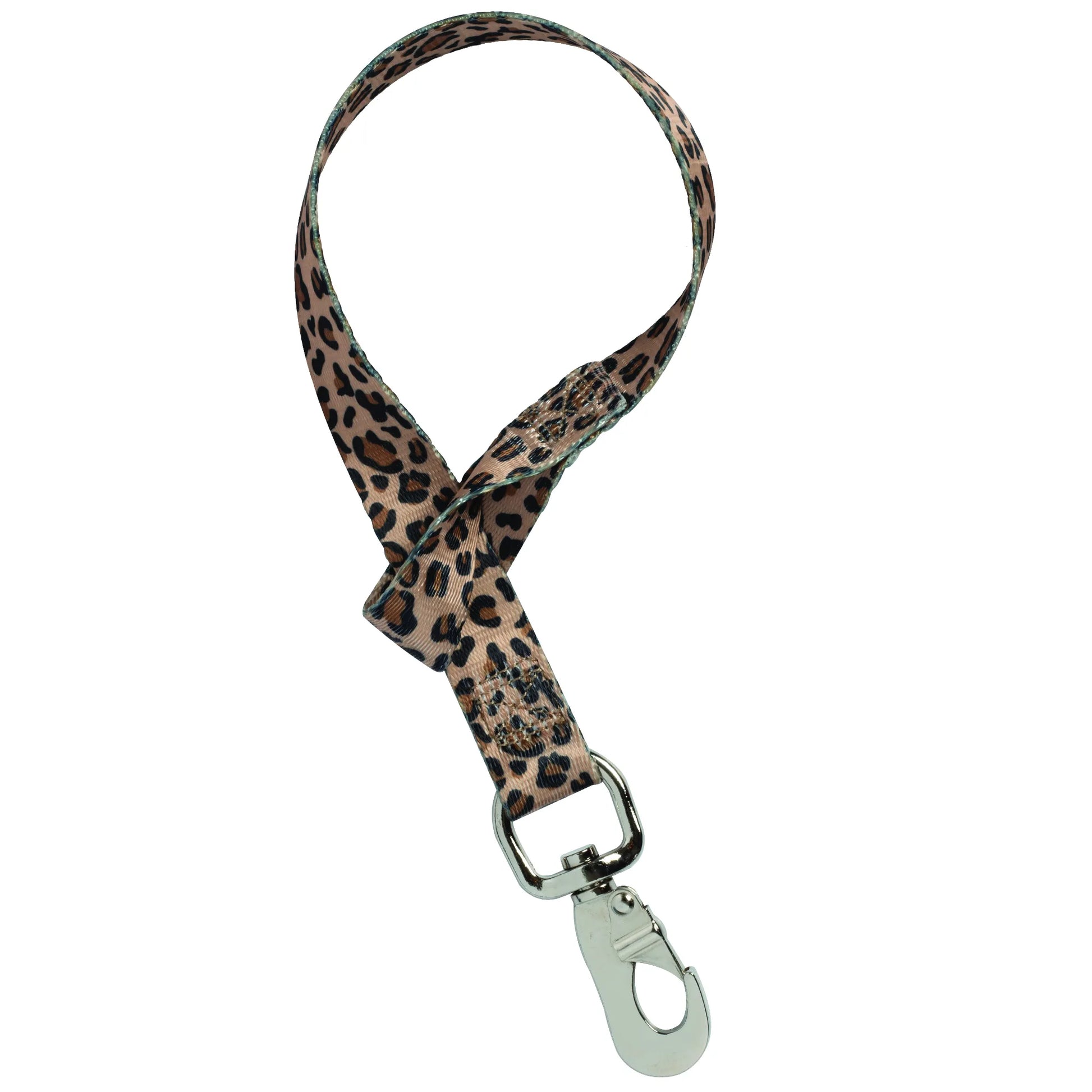 Weaver Leather nylon bucket strap featuring a stylish leopard print pattern. This durable equestrian accessory includes a looped top for easy hanging and a heavy-duty silver-tone metal snap hook for securing water or feed buckets. Perfect for barn organization and stable management, this trendy cheetah print bucket hanger adds flair and function to any horse stall or trailer.