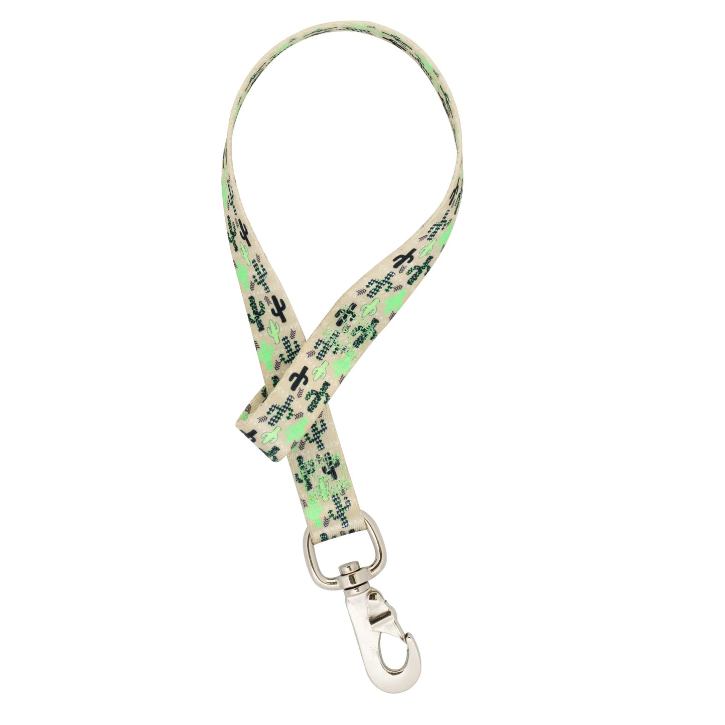 Weaver Leather Nylon Bucket Strap featuring a stylish southwest cactus pattern in shades of green on a neutral cream background. This durable equestrian accessory includes a heavy-duty silver-toned snap hook, making it perfect for securely hanging feed or water buckets in horse stalls and trailers. A functional and cute barn organization tool essential for stable management and horse care.